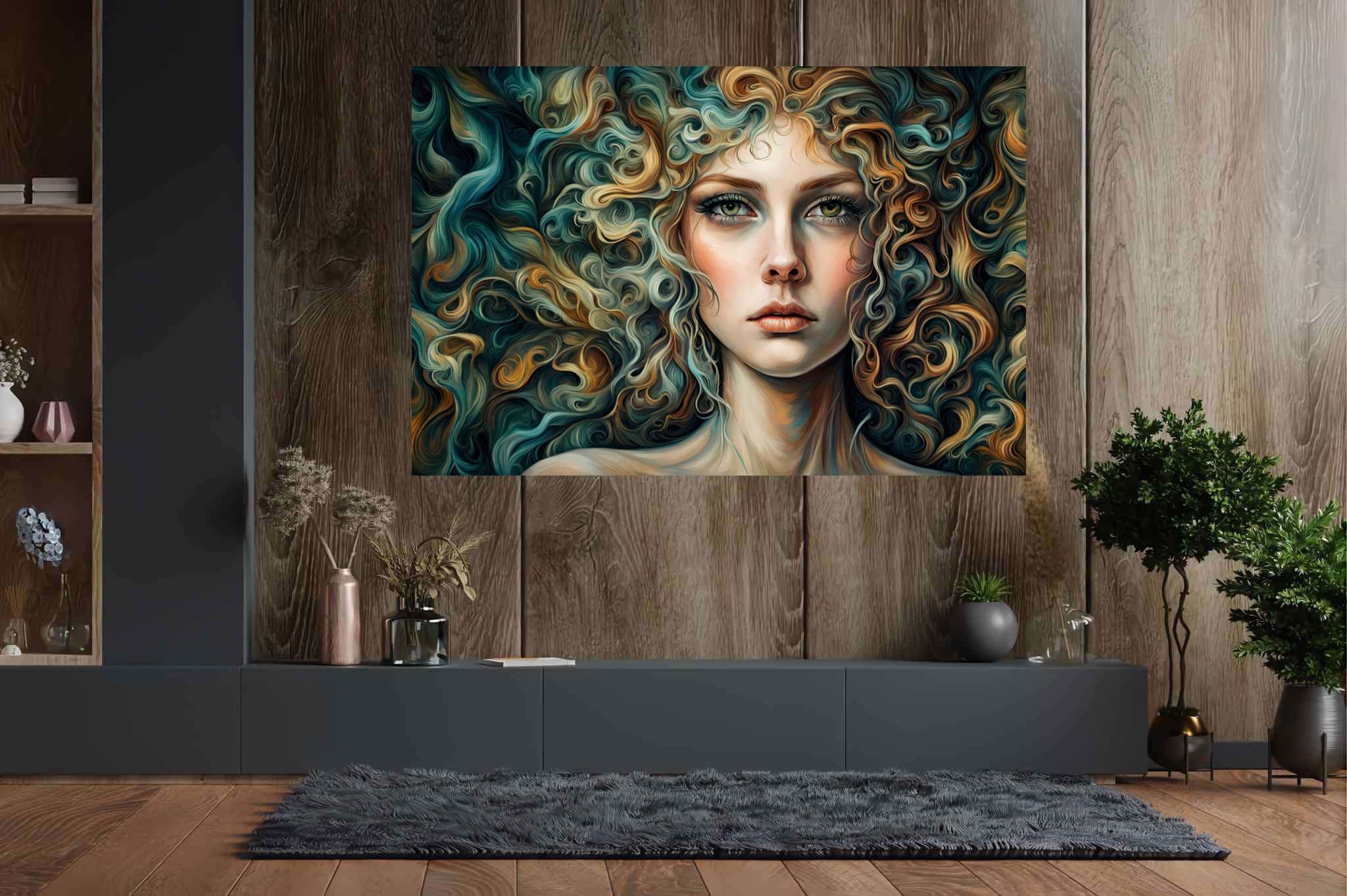 Tresses of thought: Curly hair portrait art with expressive portraits, in a room with urban design, wall hangings, and home furnishings. The art can be printed on poster, framed poster, canvas, metal, acrylic or wood, exclusively at WallArtZen. Find this exact print at https://wallartzen.com/waz294