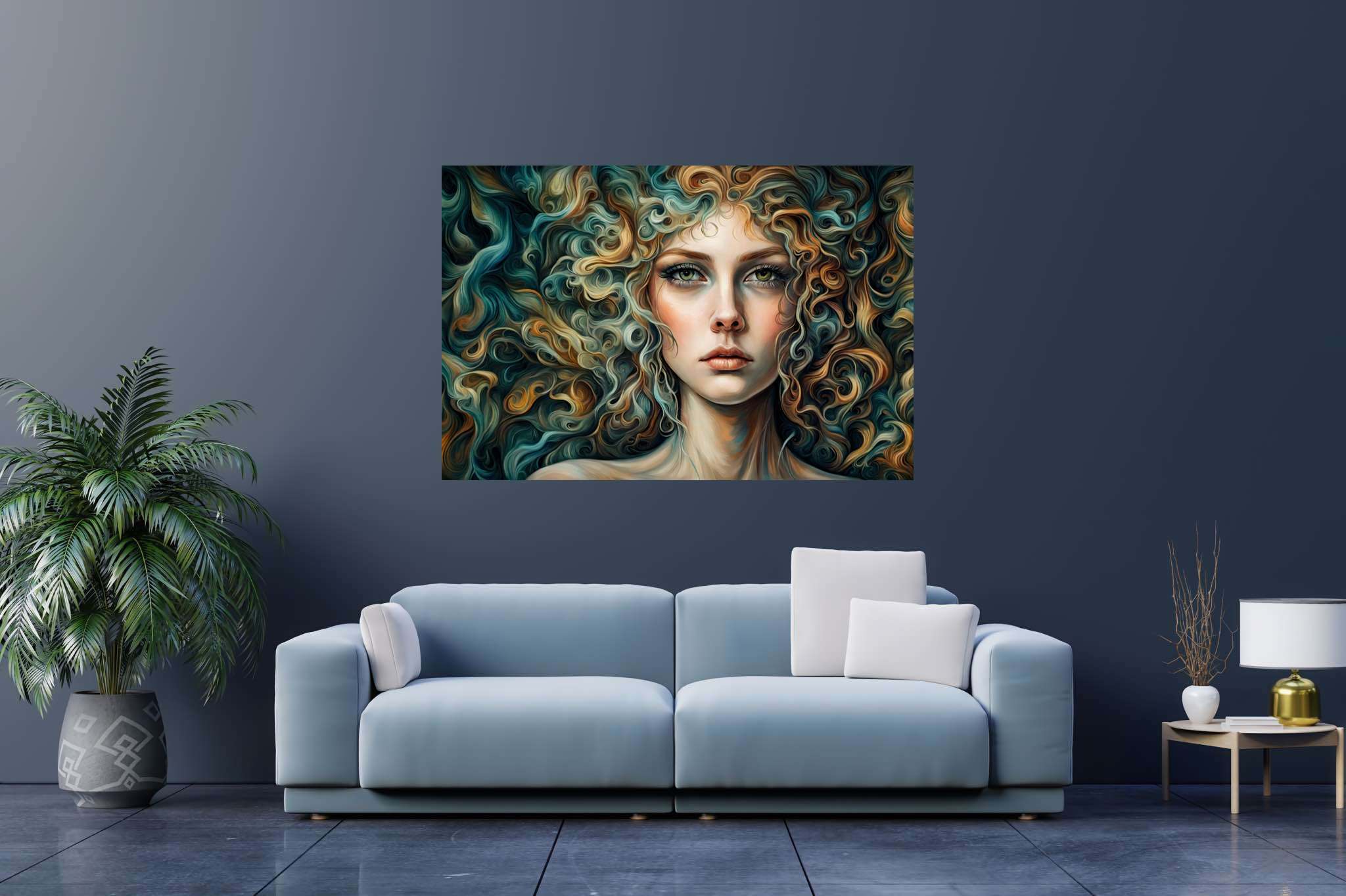 Tresses of thought: Curly hair portrait art with unique portraits, in a room with minimalist approach, gallery-quality artwork, and home furnishings. The art can be printed on poster, framed poster, canvas, metal, acrylic or wood, exclusively at WallArtZen. Find this exact print at https://wallartzen.com/waz294