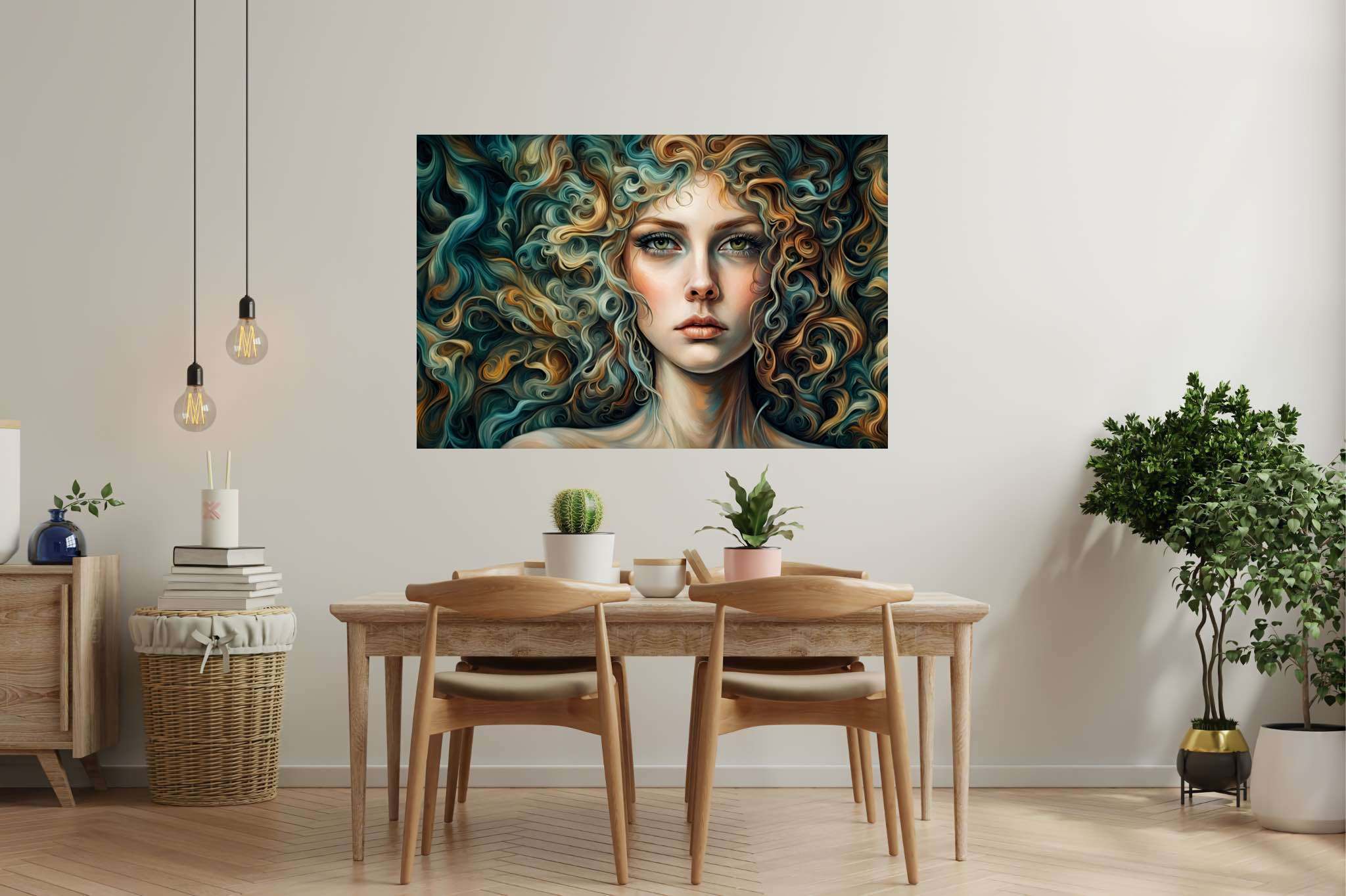 Tresses of thought: Curly hair portrait art with unique portraits, in a room with minimalist approach, canvas prints, and trendy home accents. The art can be printed on poster, framed poster, canvas, metal, acrylic or wood, exclusively at WallArtZen. Find this exact print at https://wallartzen.com/waz294