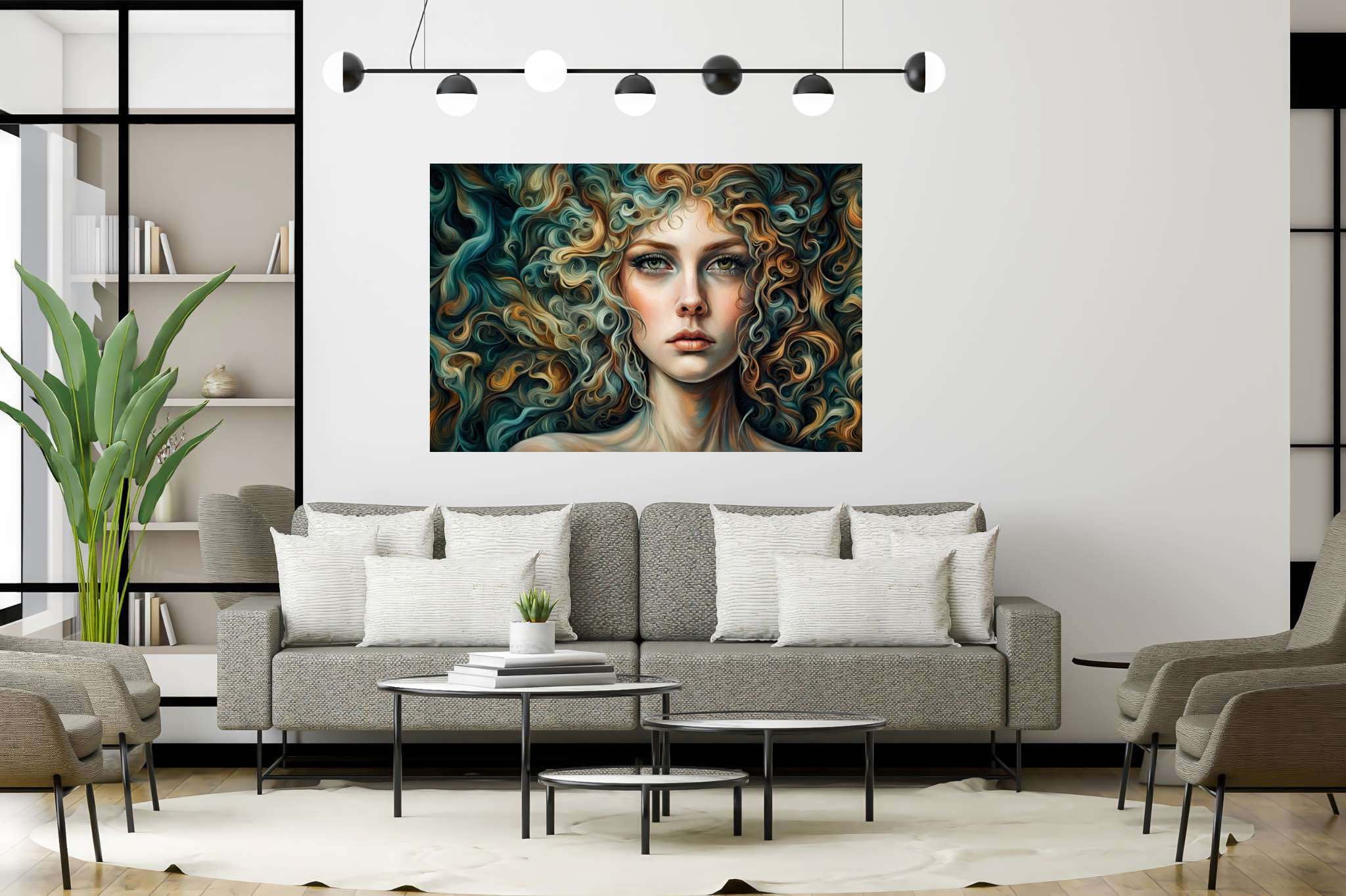 Tresses of thought: Curly hair portrait art with curly hair inspiration, in a room with great design, wall art, and artisan decor. The art can be printed on poster, framed poster, canvas, metal, acrylic or wood, exclusively at WallArtZen. Find this exact print at https://wallartzen.com/waz294