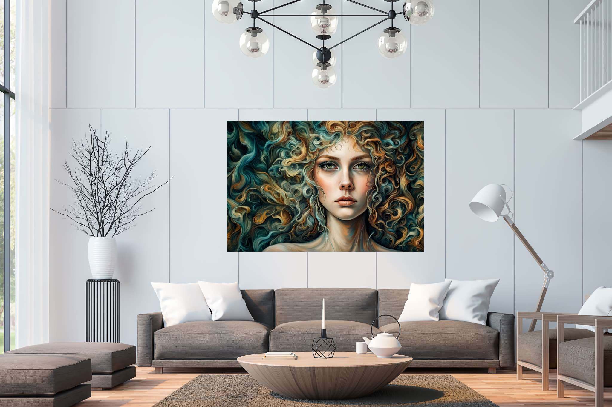 Tresses of thought: Curly hair portrait art with curly hair beauty, in a room with urban design, bespoke art designs, and trendy home accents. The art can be printed on poster, framed poster, canvas, metal, acrylic or wood, exclusively at WallArtZen. Find this exact print at https://wallartzen.com/waz294