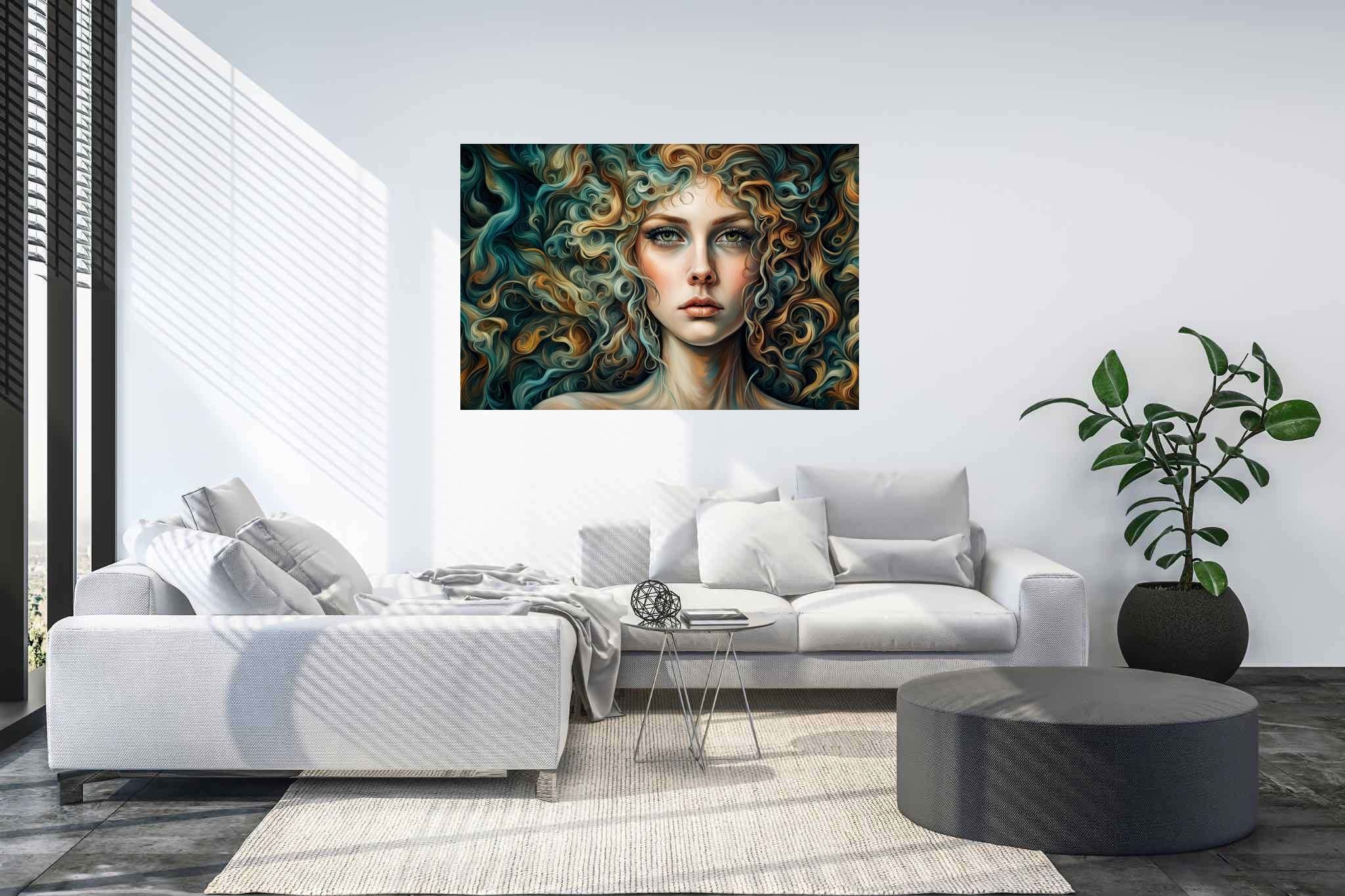 Tresses of thought: Curly hair portrait art with curly hair portrait art, in a room with modern style, wall hangings, and trendy home accents. The art can be printed on poster, framed poster, canvas, metal, acrylic or wood, exclusively at WallArtZen. Find this exact print at https://wallartzen.com/waz294