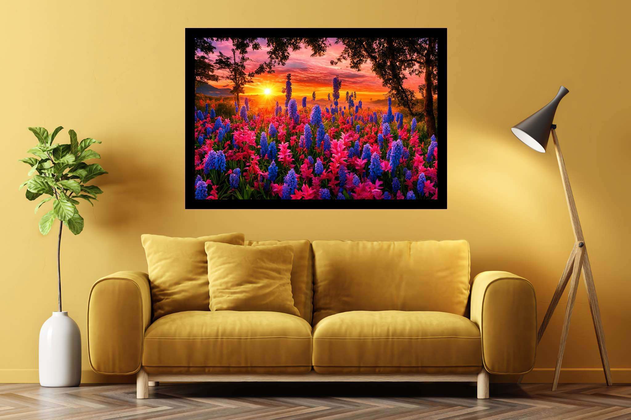 Bloom serenade at twilight: Floral art with blooming flowers, in a room with minimalist approach, abstract paintings, and interior decorations. The art can be printed on poster, framed poster, canvas, metal, acrylic or wood, exclusively at WallArtZen. Find this exact print at https://wallartzen.com/waz295