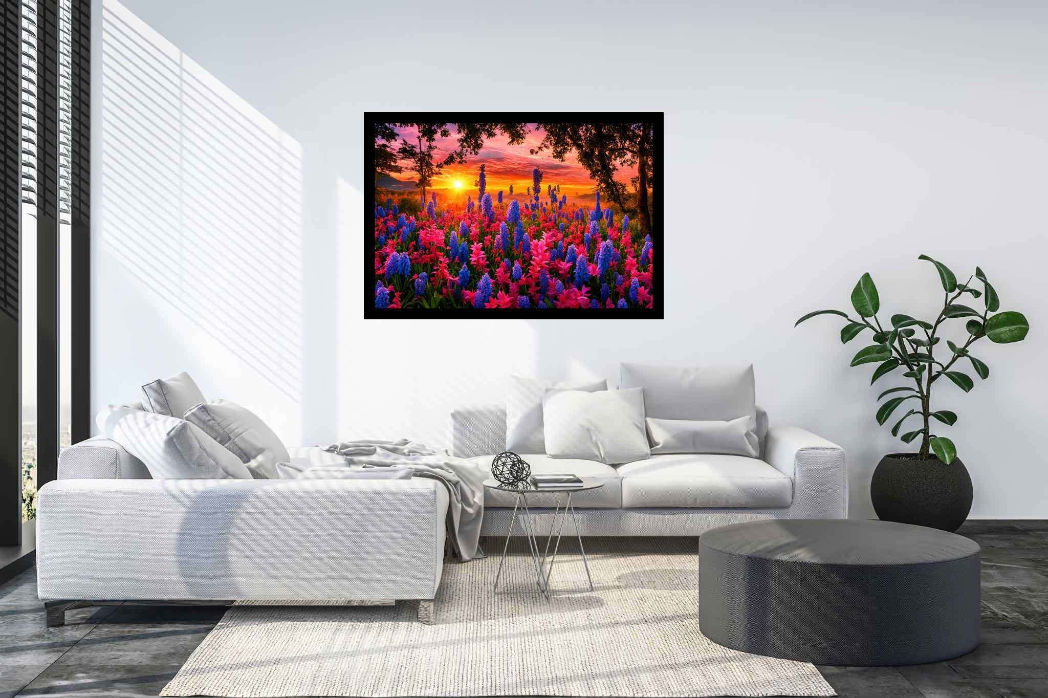 Bloom serenade at twilight: Floral art with nature-inspired art, in a room with artistic style, canvas prints, and interior decorations. The art can be printed on poster, framed poster, canvas, metal, acrylic or wood, exclusively at WallArtZen. Find this exact print at https://wallartzen.com/waz295