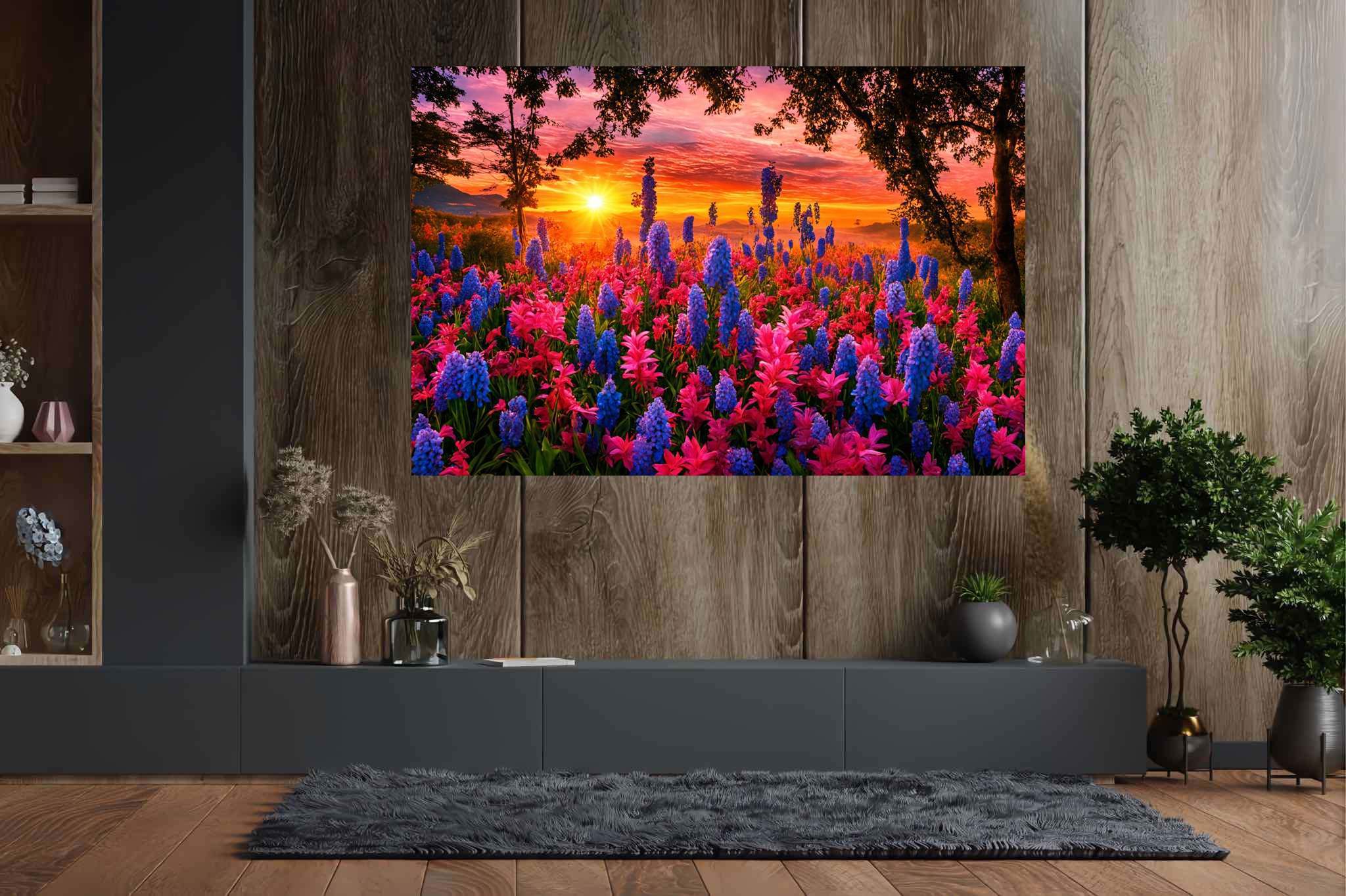 Bloom serenade at twilight: Floral art with floral sculptures, in a room with great design, digital art pieces, and luxe decor. The art can be printed on poster, framed poster, canvas, metal, acrylic or wood, exclusively at WallArtZen. Find this exact print at https://wallartzen.com/waz295