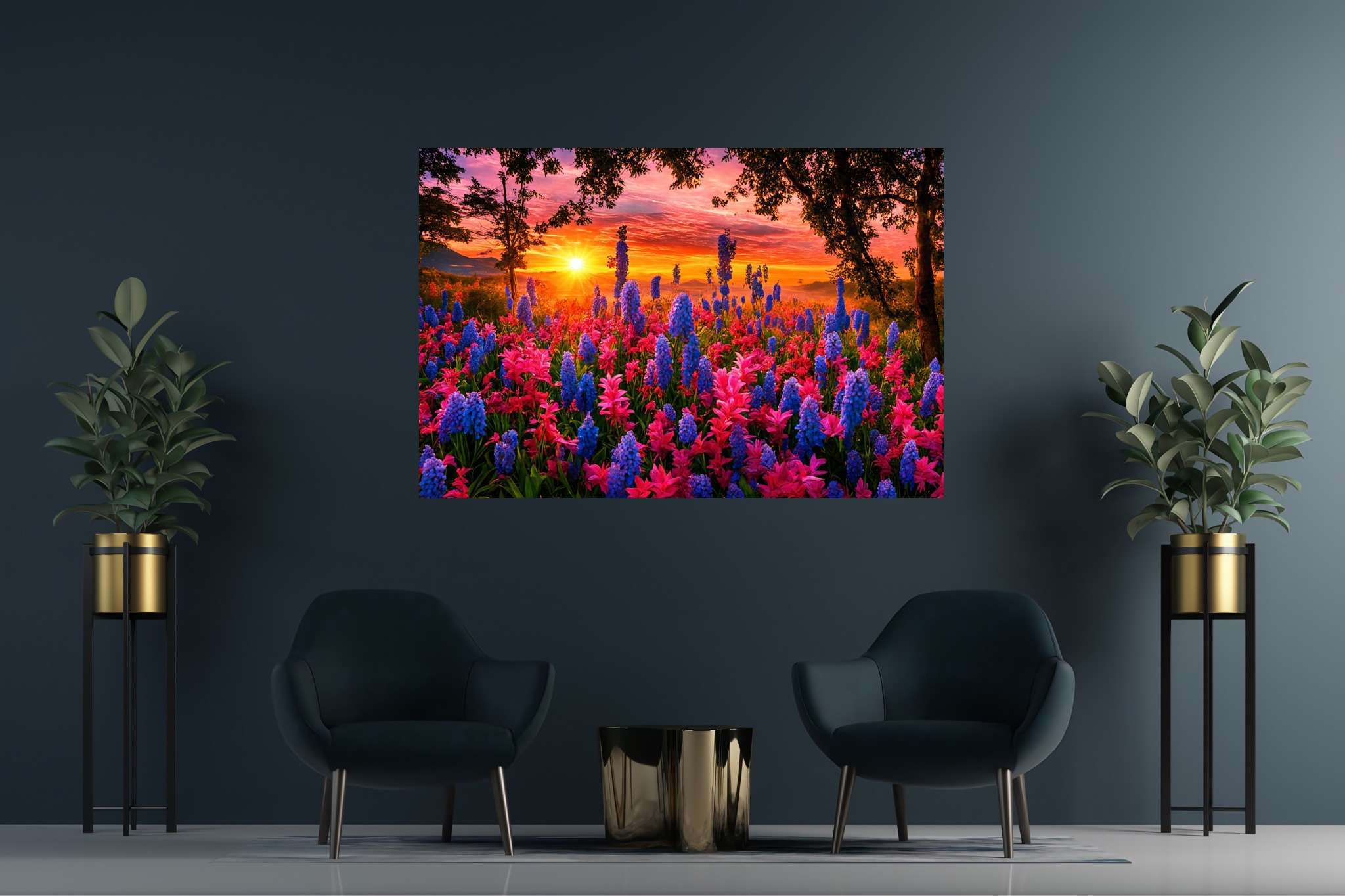 Bloom serenade at twilight: Floral art with garden artwork, in a room with minimalist approach, canvas prints, and interior decorations. The art can be printed on poster, framed poster, canvas, metal, acrylic or wood, exclusively at WallArtZen. Find this exact print at https://wallartzen.com/waz295