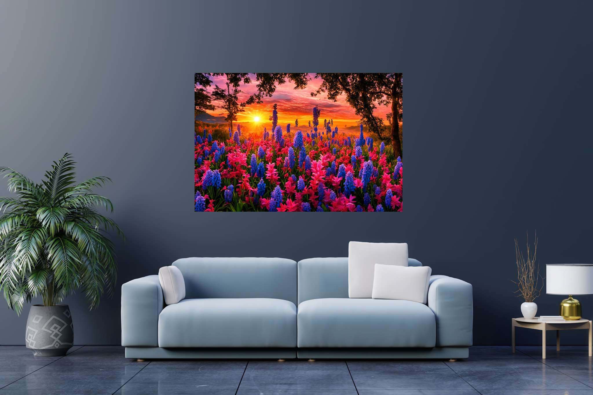 Bloom serenade at twilight: Floral art with vibrant blooms, in a room with modern style, wall art, and interior decorations. The art can be printed on poster, framed poster, canvas, metal, acrylic or wood, exclusively at WallArtZen. Find this exact print at https://wallartzen.com/waz295
