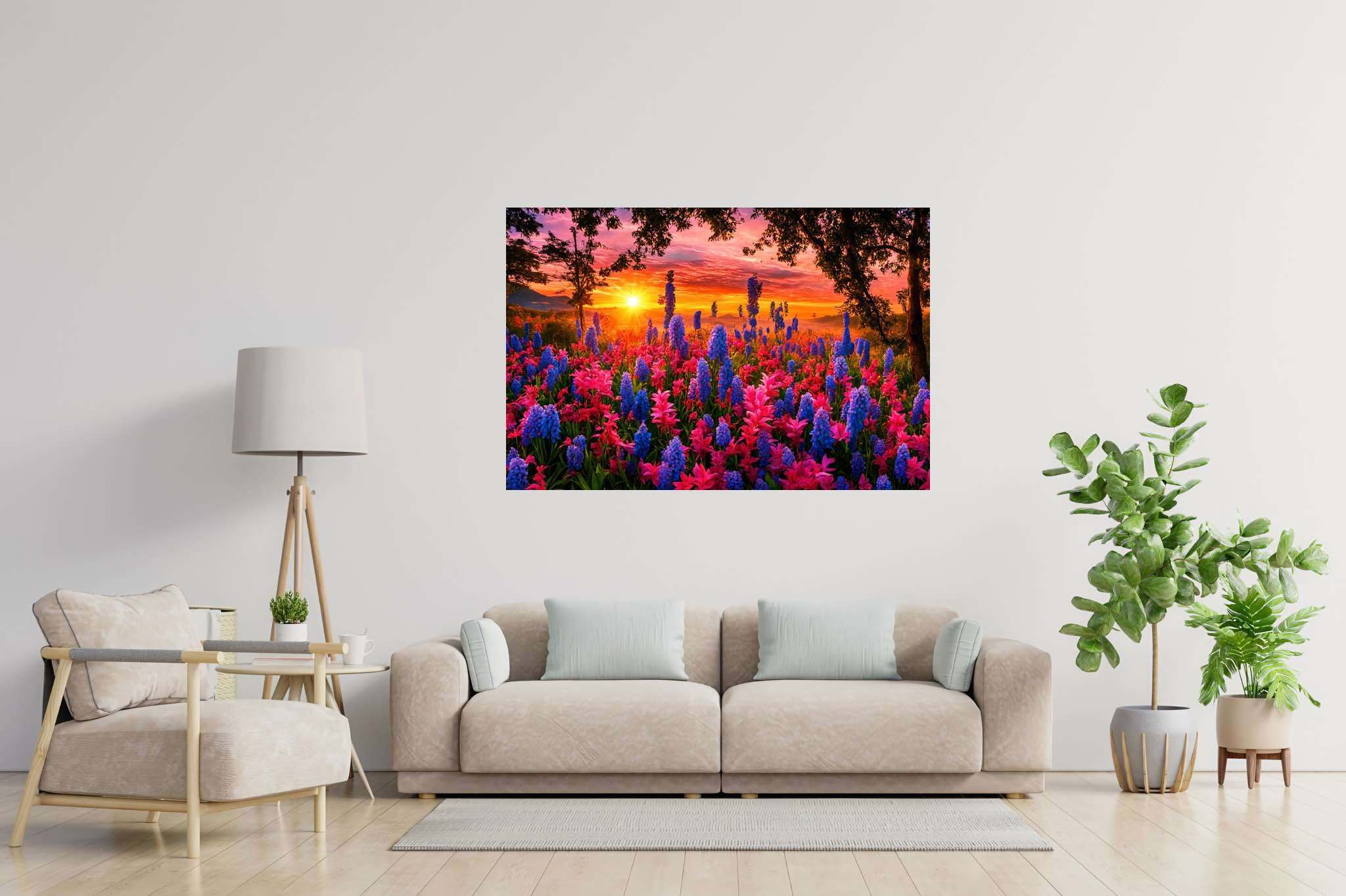 Bloom serenade at twilight: Floral art with nature-inspired art, in a room with classic elegance, abstract paintings, and decorative pieces. The art can be printed on poster, framed poster, canvas, metal, acrylic or wood, exclusively at WallArtZen. Find this exact print at https://wallartzen.com/waz295
