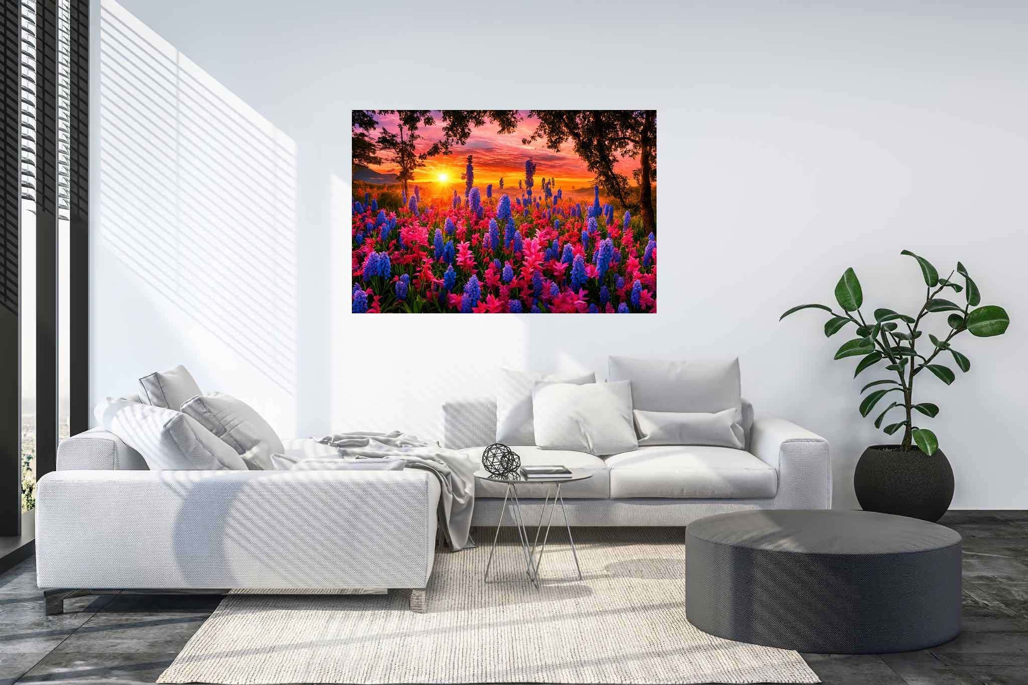 Bloom serenade at twilight: Floral art with botanical illustrations, in a room with innovative layout, gallery-quality artwork, and home furnishings. The art can be printed on poster, framed poster, canvas, metal, acrylic or wood, exclusively at WallArtZen. Find this exact print at https://wallartzen.com/waz295