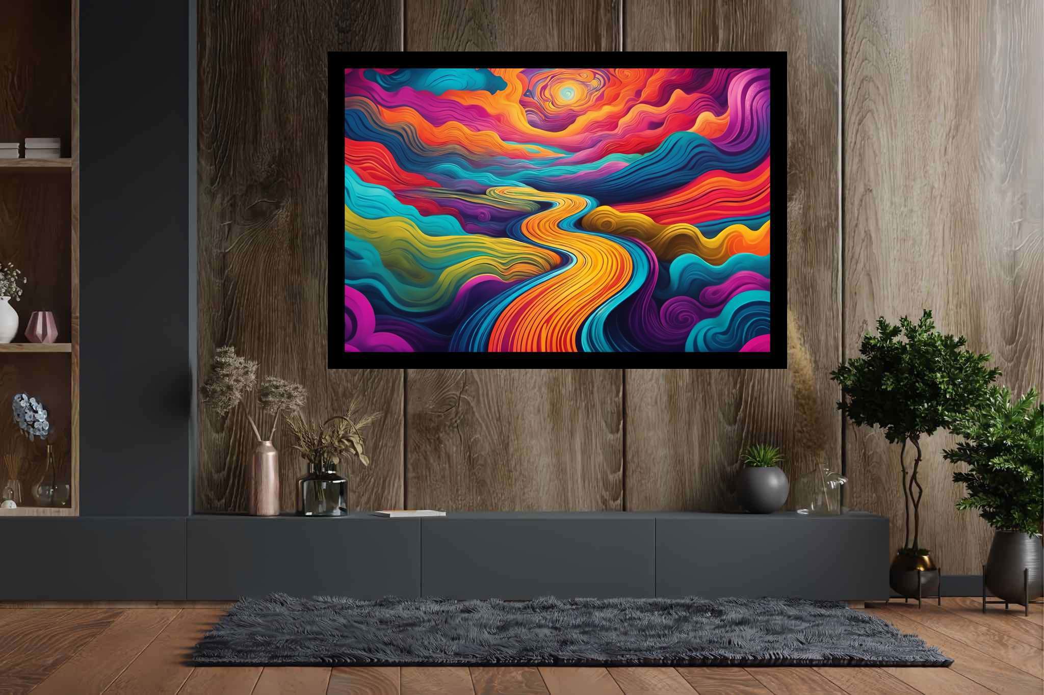 Sunset serenade in sylvan glade: Enchanted forest art with whimsical forest scenes, in a room with contemporary flair, fine art prints, and designer furniture. The art can be printed on poster, framed poster, canvas, metal, acrylic or wood, exclusively at WallArtZen. Find this exact print at https://wallartzen.com/waz296