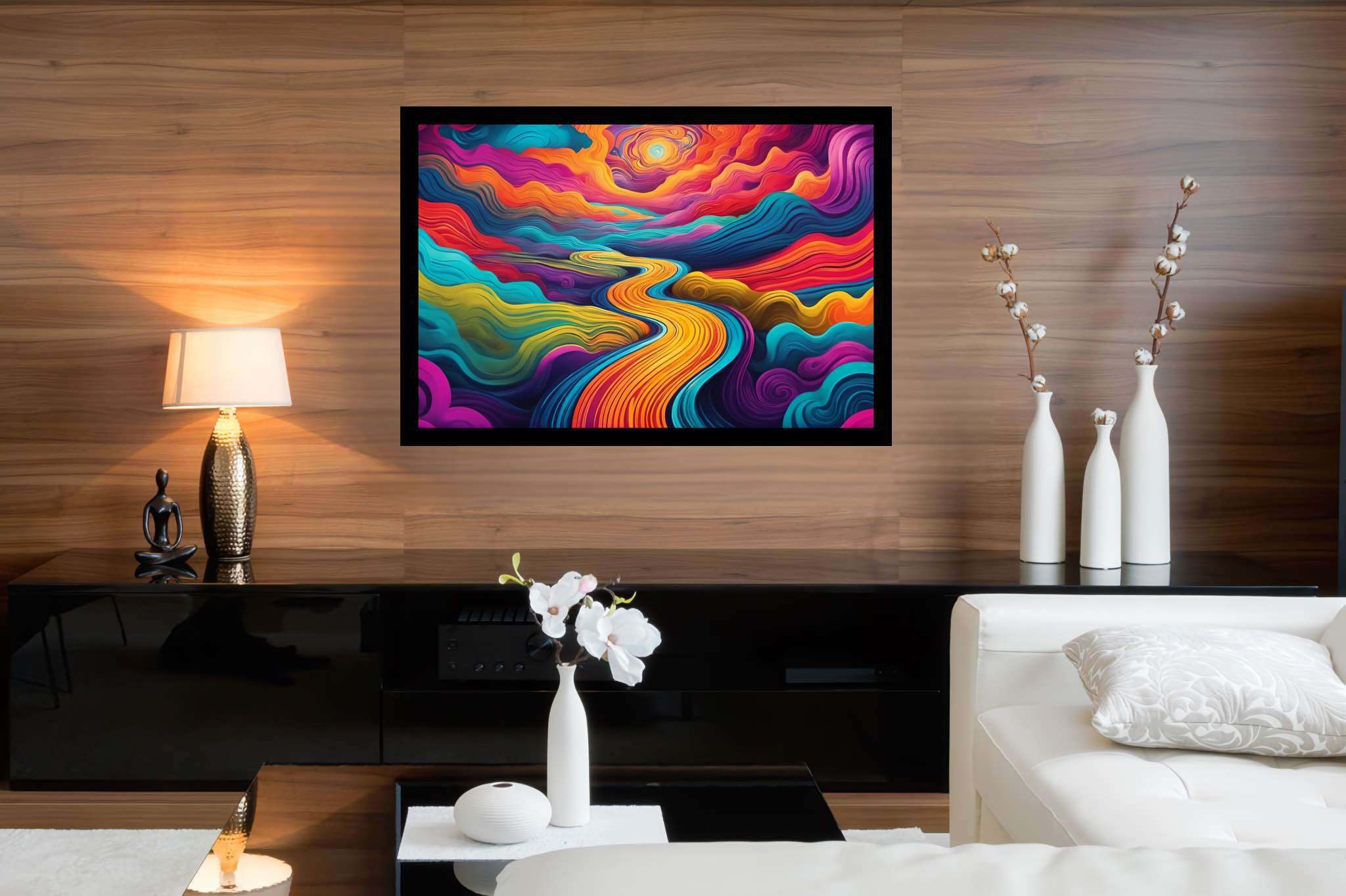 Sunset serenade in sylvan glade: Enchanted forest art with mystical paintings, in a room with artistic style, photographic wall art, and elegant home goods. The art can be printed on poster, framed poster, canvas, metal, acrylic or wood, exclusively at WallArtZen. Find this exact print at https://wallartzen.com/waz296