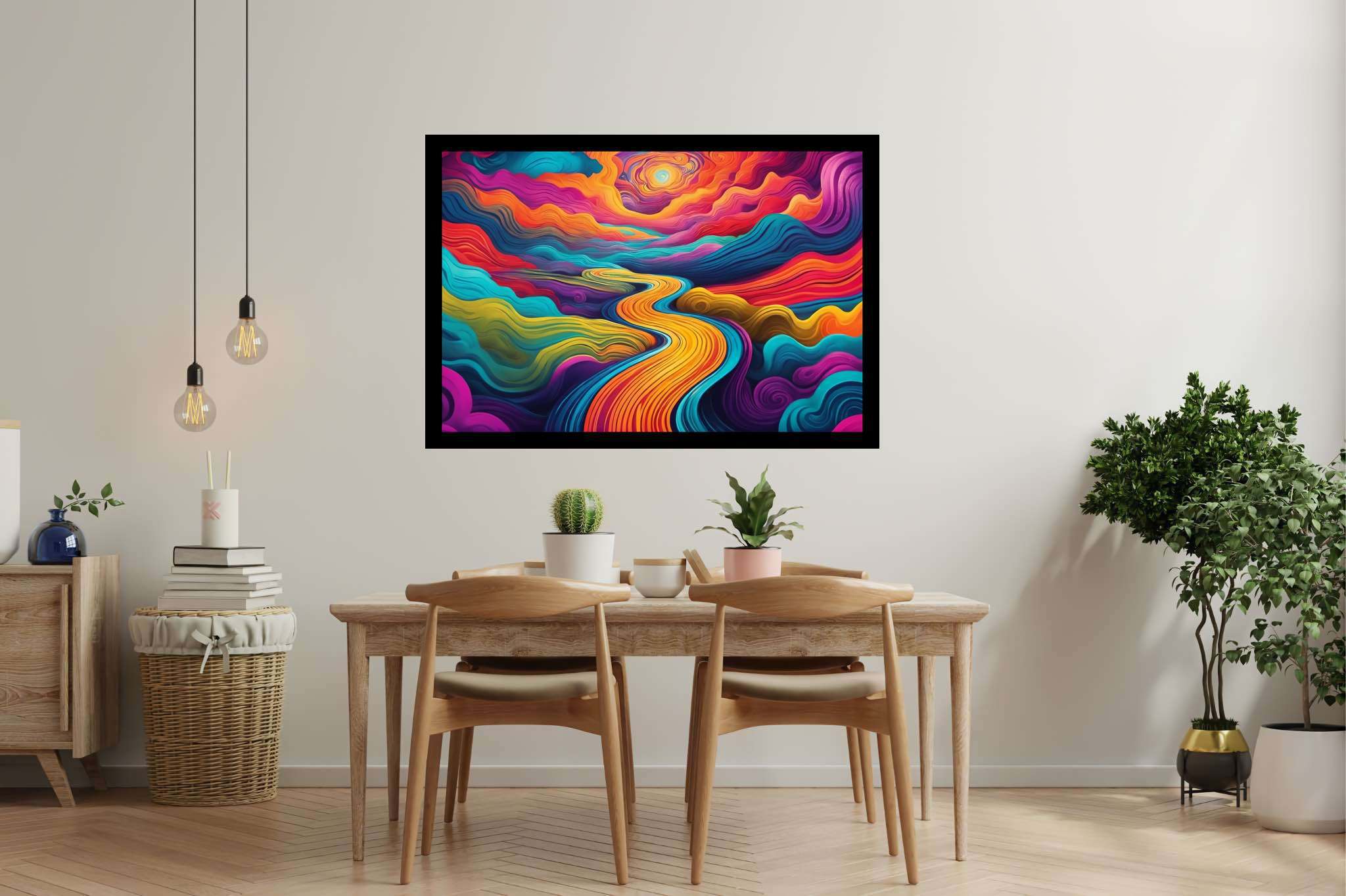Sunset serenade in sylvan glade: Enchanted forest art with whimsical forest scenes, in a room with great design, wall art, and home styling items. The art can be printed on poster, framed poster, canvas, metal, acrylic or wood, exclusively at WallArtZen. Find this exact print at https://wallartzen.com/waz296
