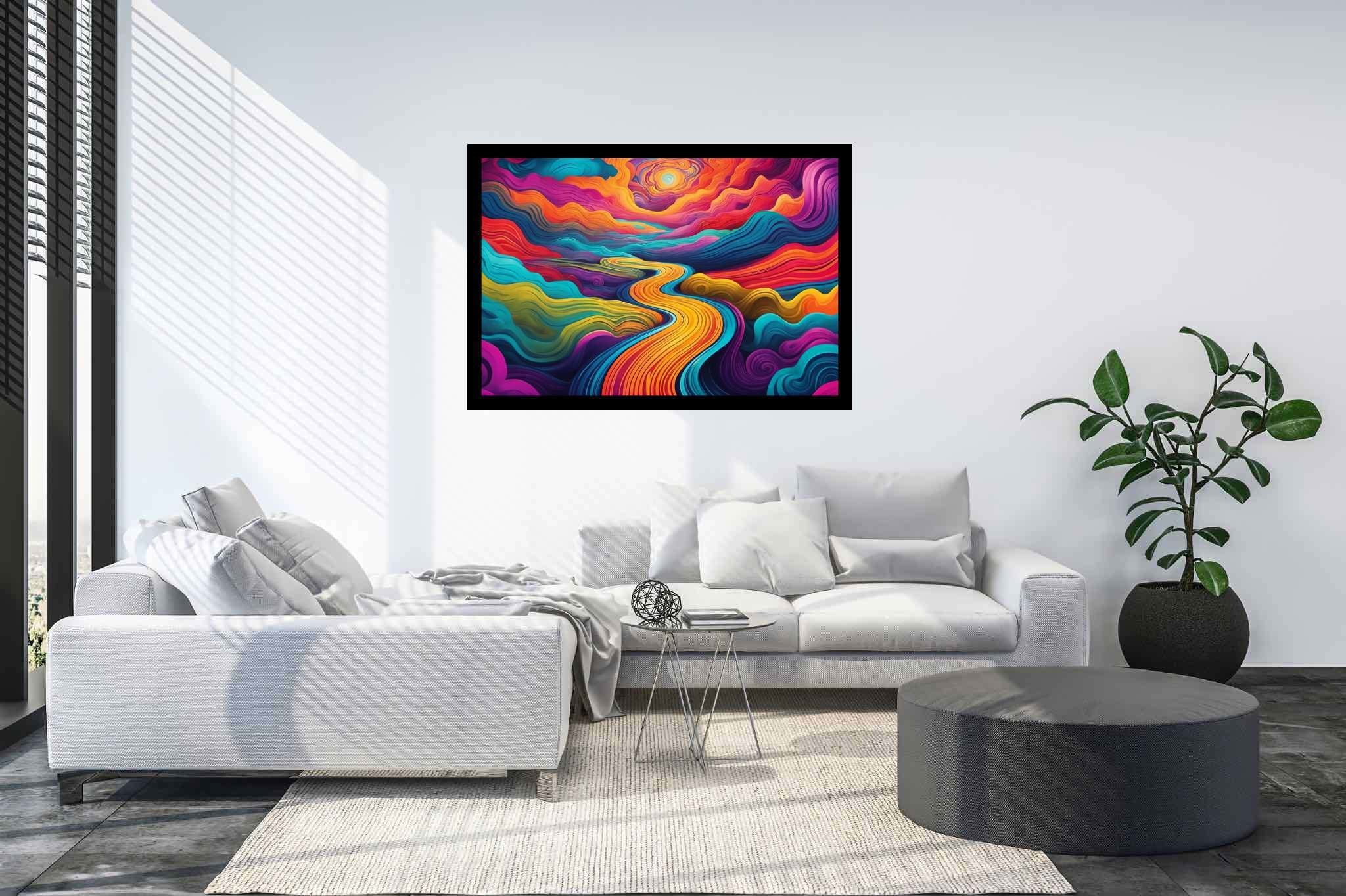 Sunset serenade in sylvan glade: Enchanted forest art with ethereal nature artwork, in a room with great design, wall art, and stylish accessories. The art can be printed on poster, framed poster, canvas, metal, acrylic or wood, exclusively at WallArtZen. Find this exact print at https://wallartzen.com/waz296