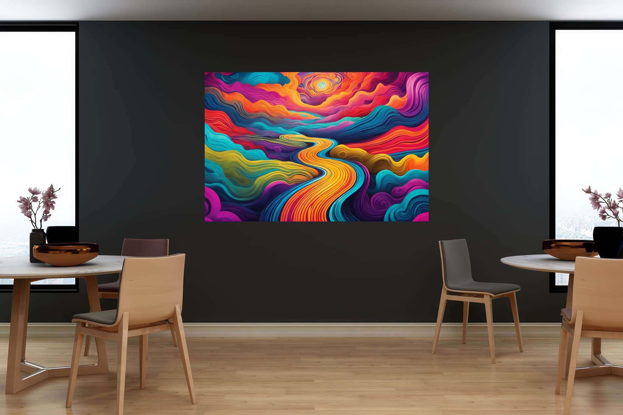 Sunset serenade in sylvan glade: Enchanted forest art with enchanted tree artwork, in a room with innovative layout, wall art, and decorative pieces. The art can be printed on poster, framed poster, canvas, metal, acrylic or wood, exclusively at WallArtZen. Find this exact print at https://wallartzen.com/waz296