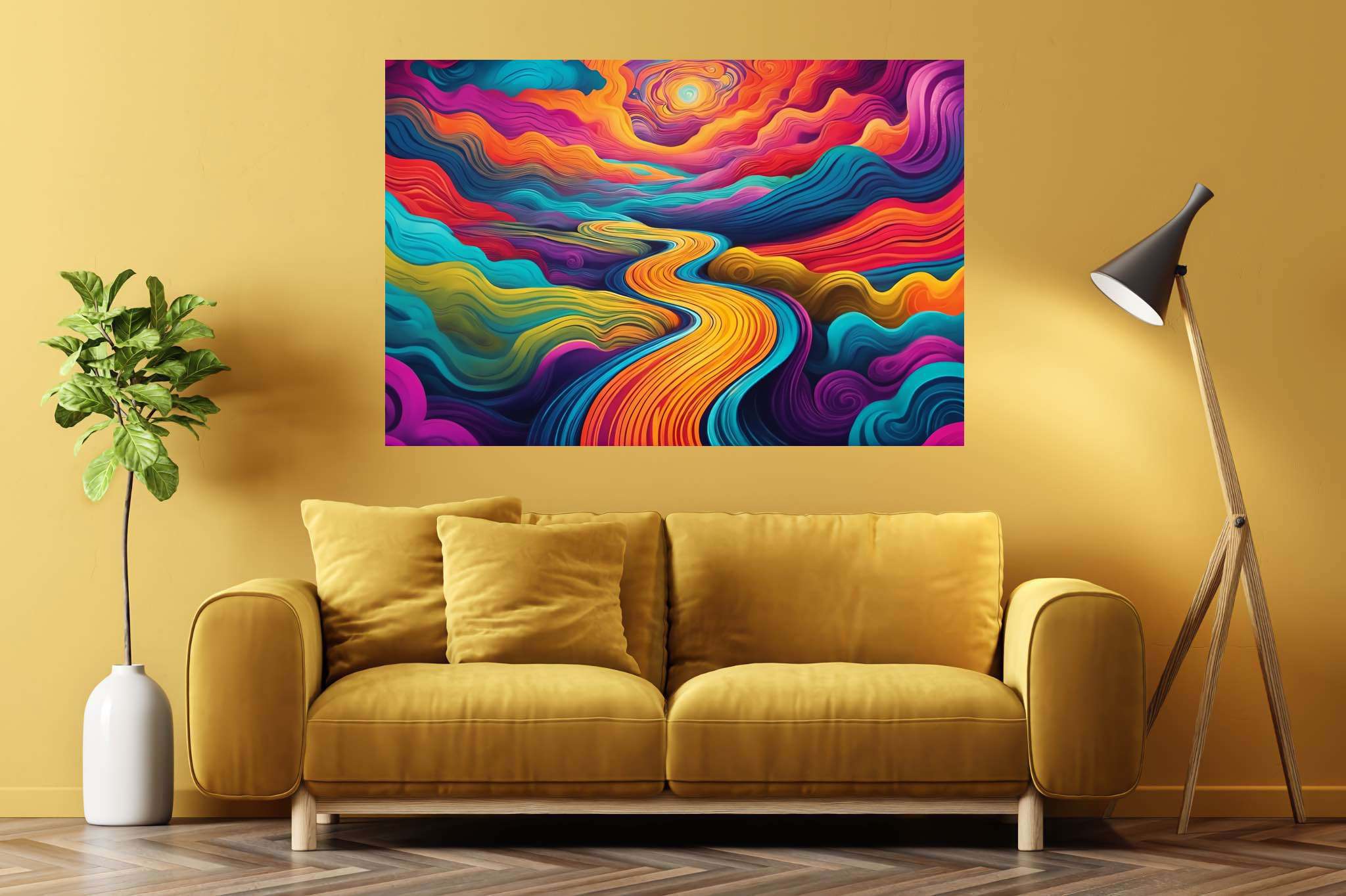 Sunset serenade in sylvan glade: Enchanted forest art with dreamlike forest art, in a room with modern style, photographic wall art, and stylish accessories. The art can be printed on poster, framed poster, canvas, metal, acrylic or wood, exclusively at WallArtZen. Find this exact print at https://wallartzen.com/waz296