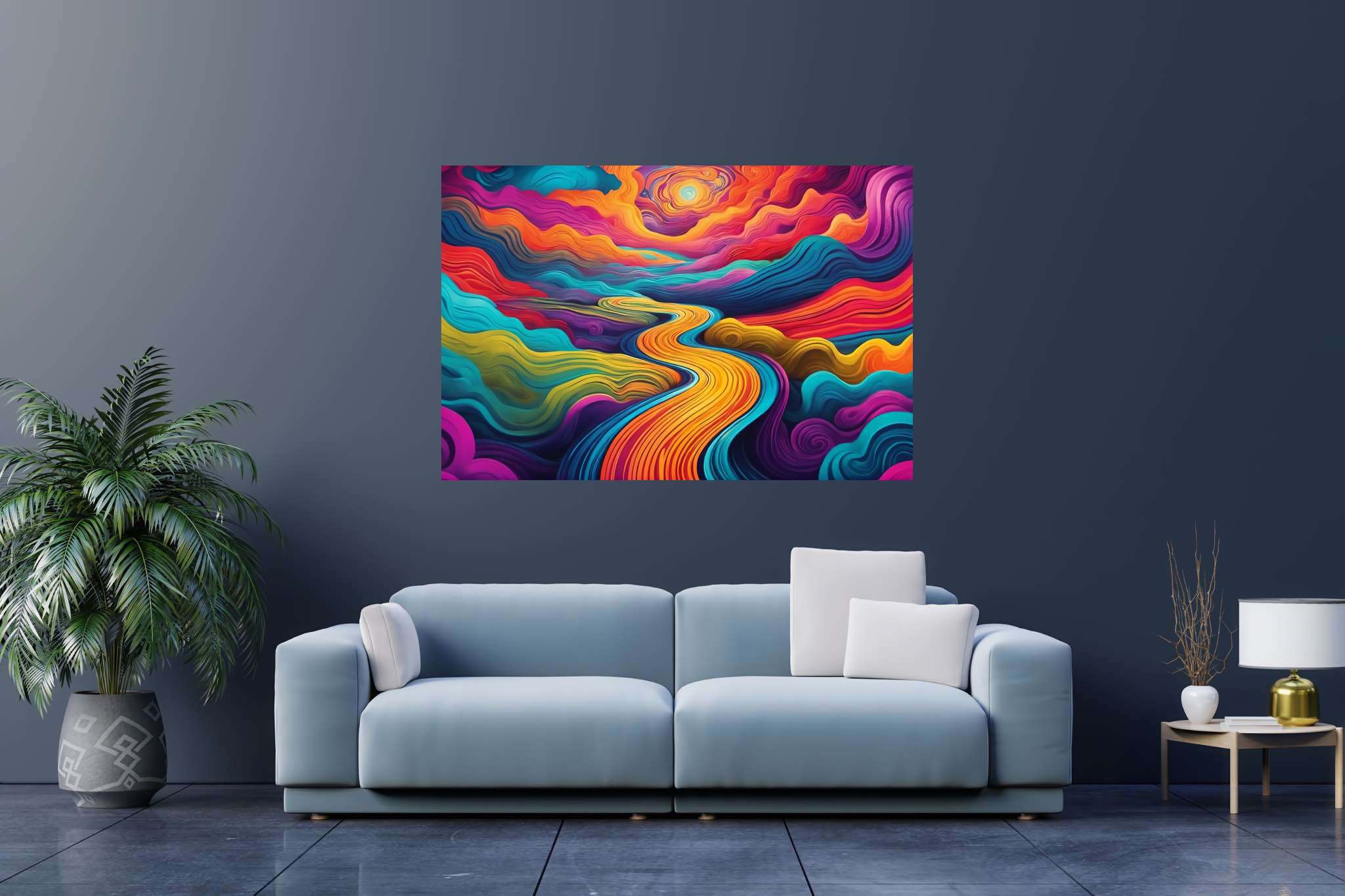 Sunset serenade in sylvan glade: Enchanted forest art with mystical wilderness art, in a room with classic elegance, gallery-quality artwork, and home furnishings. The art can be printed on poster, framed poster, canvas, metal, acrylic or wood, exclusively at WallArtZen. Find this exact print at https://wallartzen.com/waz296