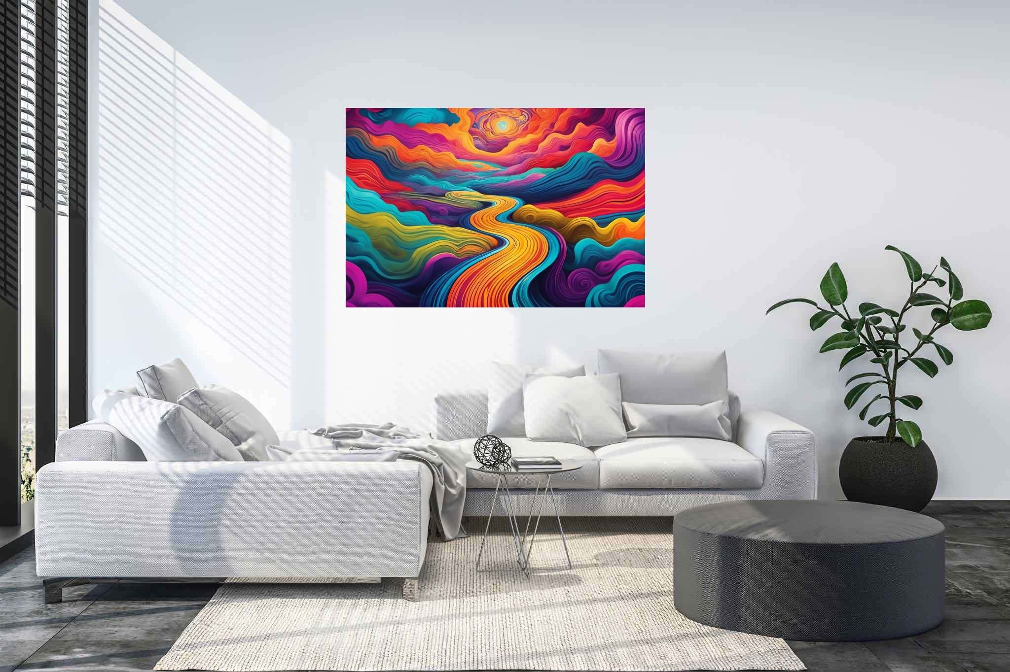 Sunset serenade in sylvan glade: Enchanted forest art with surreal woodland paintings, in a room with minimalist approach, wall hangings, and designer furniture. The art can be printed on poster, framed poster, canvas, metal, acrylic or wood, exclusively at WallArtZen. Find this exact print at https://wallartzen.com/waz296