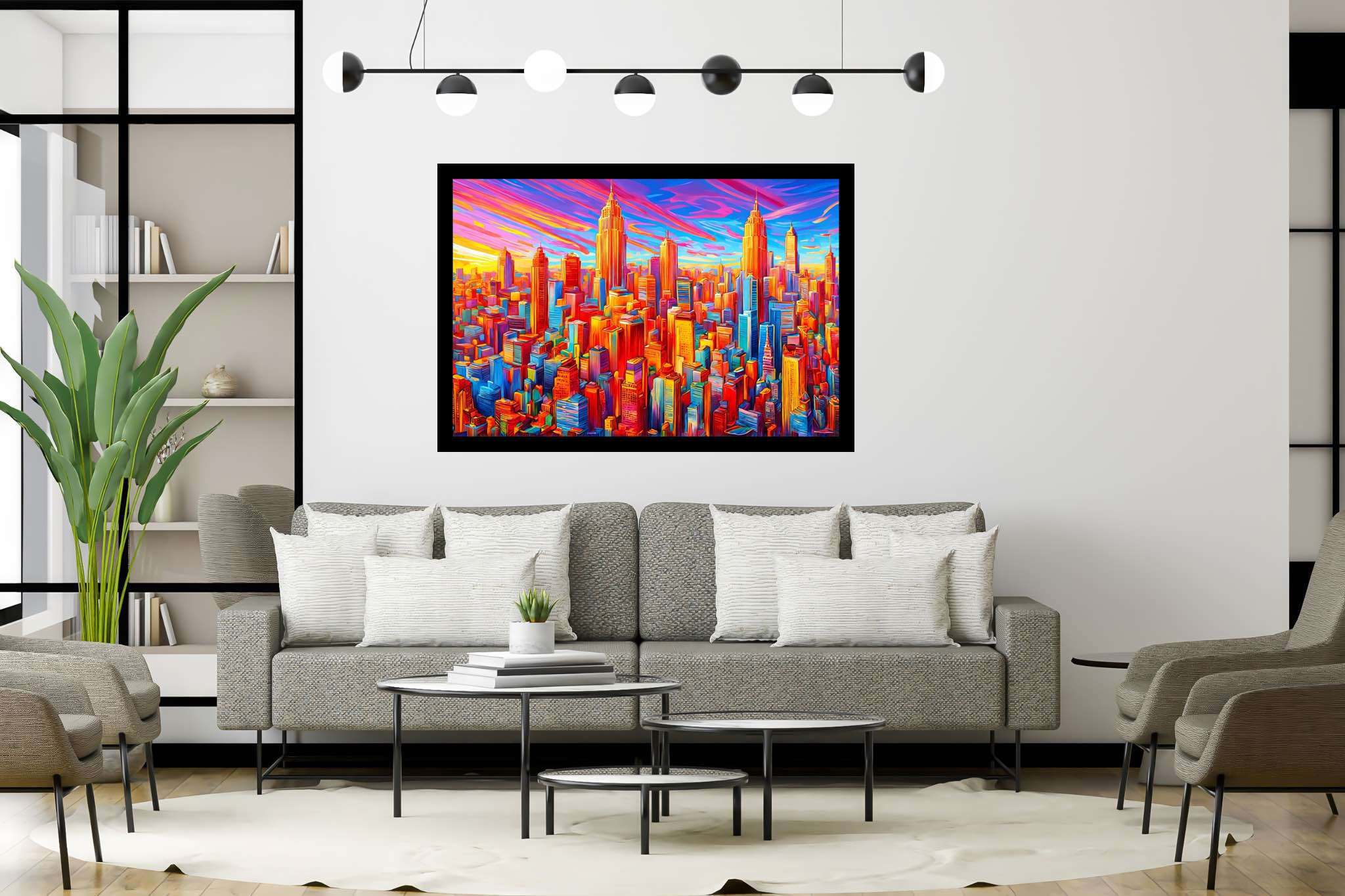 Sunset serenade in chroma: Vibrant cityscape art with vibrant cityscape art, in a room with great design, wall hangings, and elegant home goods. The art can be printed on poster, framed poster, canvas, metal, acrylic or wood, exclusively at WallArtZen. Find this exact print at https://wallartzen.com/waz297
