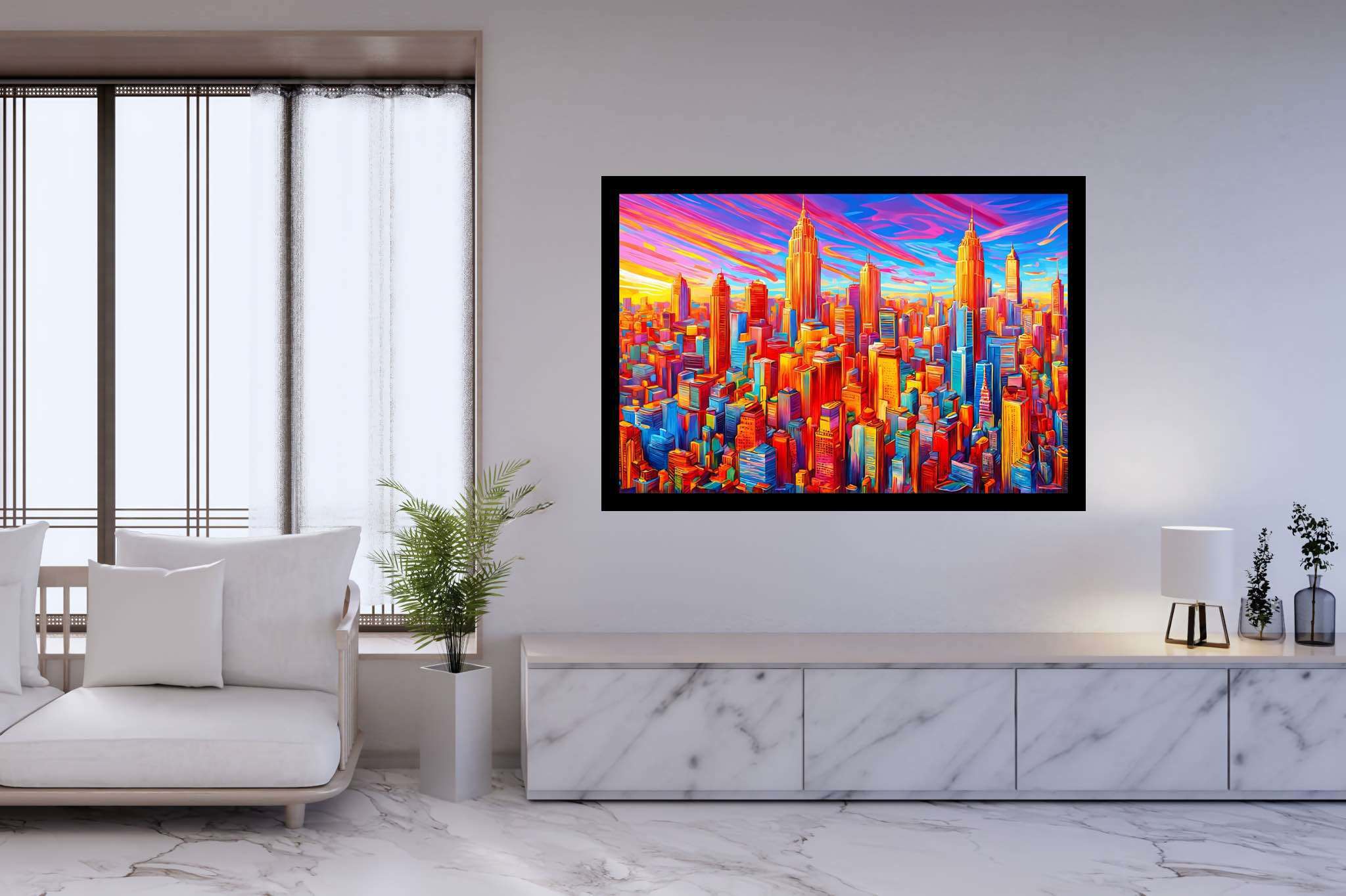 Sunset serenade in chroma: Vibrant cityscape art with vibrant cityscape art, in a room with elegant layout, gallery-quality artwork, and artisan decor. The art can be printed on poster, framed poster, canvas, metal, acrylic or wood, exclusively at WallArtZen. Find this exact print at https://wallartzen.com/waz297