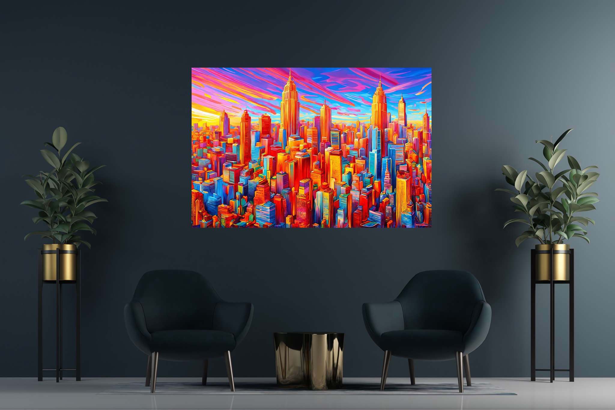 Sunset serenade in chroma: Vibrant cityscape art with bustling cityscape paintings, in a room with artistic style, bespoke art designs, and elegant home goods. The art can be printed on poster, framed poster, canvas, metal, acrylic or wood, exclusively at WallArtZen. Find this exact print at https://wallartzen.com/waz297