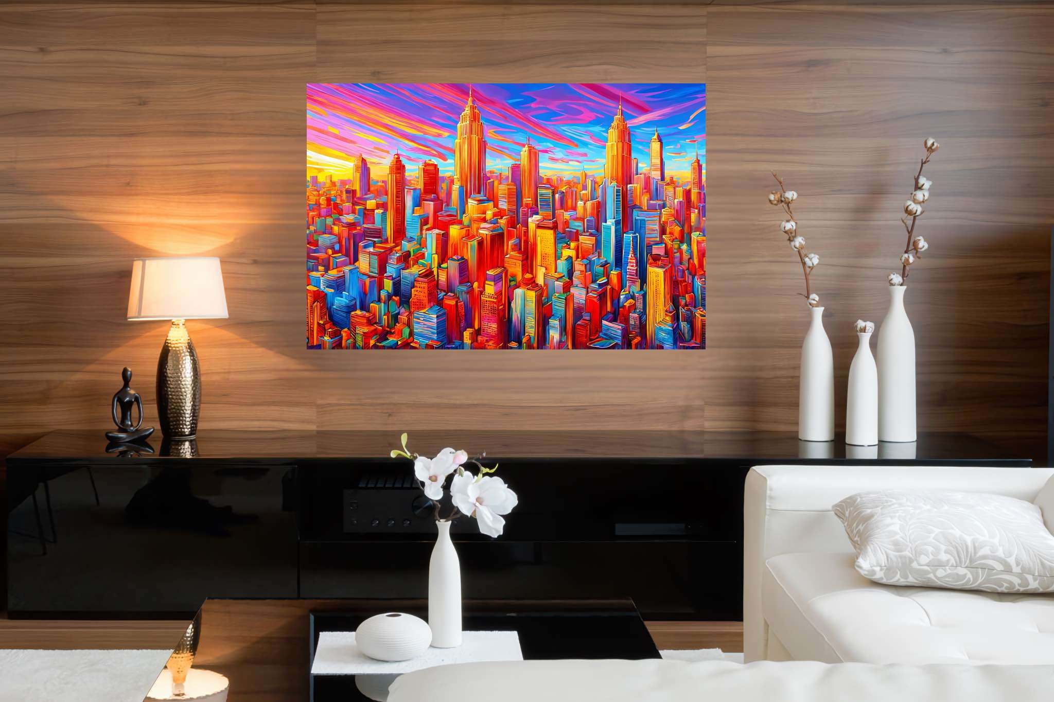 Sunset serenade in chroma: Vibrant cityscape art with colorful urban scenes, in a room with great design, gallery-quality artwork, and elegant home goods. The art can be printed on poster, framed poster, canvas, metal, acrylic or wood, exclusively at WallArtZen. Find this exact print at https://wallartzen.com/waz297