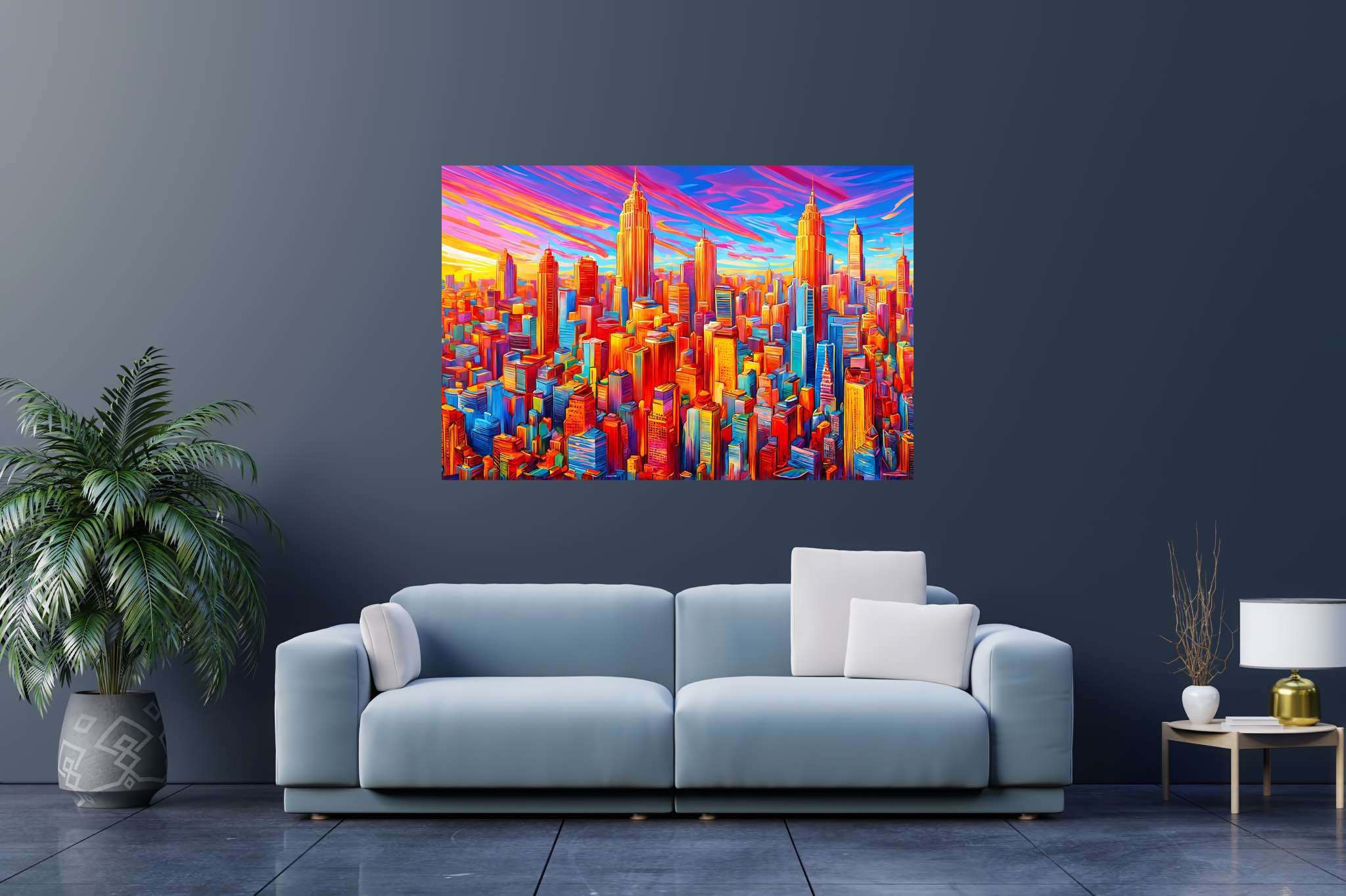 Sunset serenade in chroma: Vibrant cityscape art with lively urban art, in a room with contemporary flair, mural artworks, and designer furniture. The art can be printed on poster, framed poster, canvas, metal, acrylic or wood, exclusively at WallArtZen. Find this exact print at https://wallartzen.com/waz297