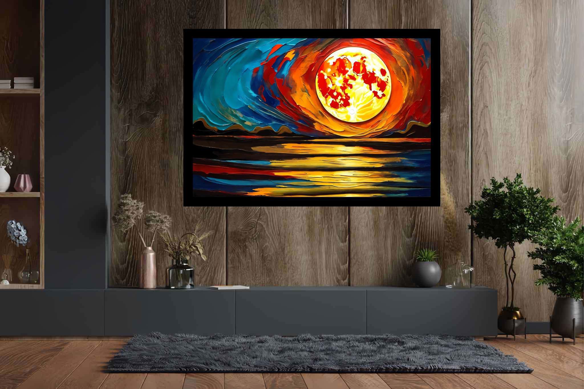 Aqua lullaby dusk: Serene sunset art with peaceful atmosphere, in a room with contemporary flair, fine art prints, and interior decorations. The art can be printed on poster, framed poster, canvas, metal, acrylic or wood, exclusively at WallArtZen. Find this exact print at https://wallartzen.com/waz298