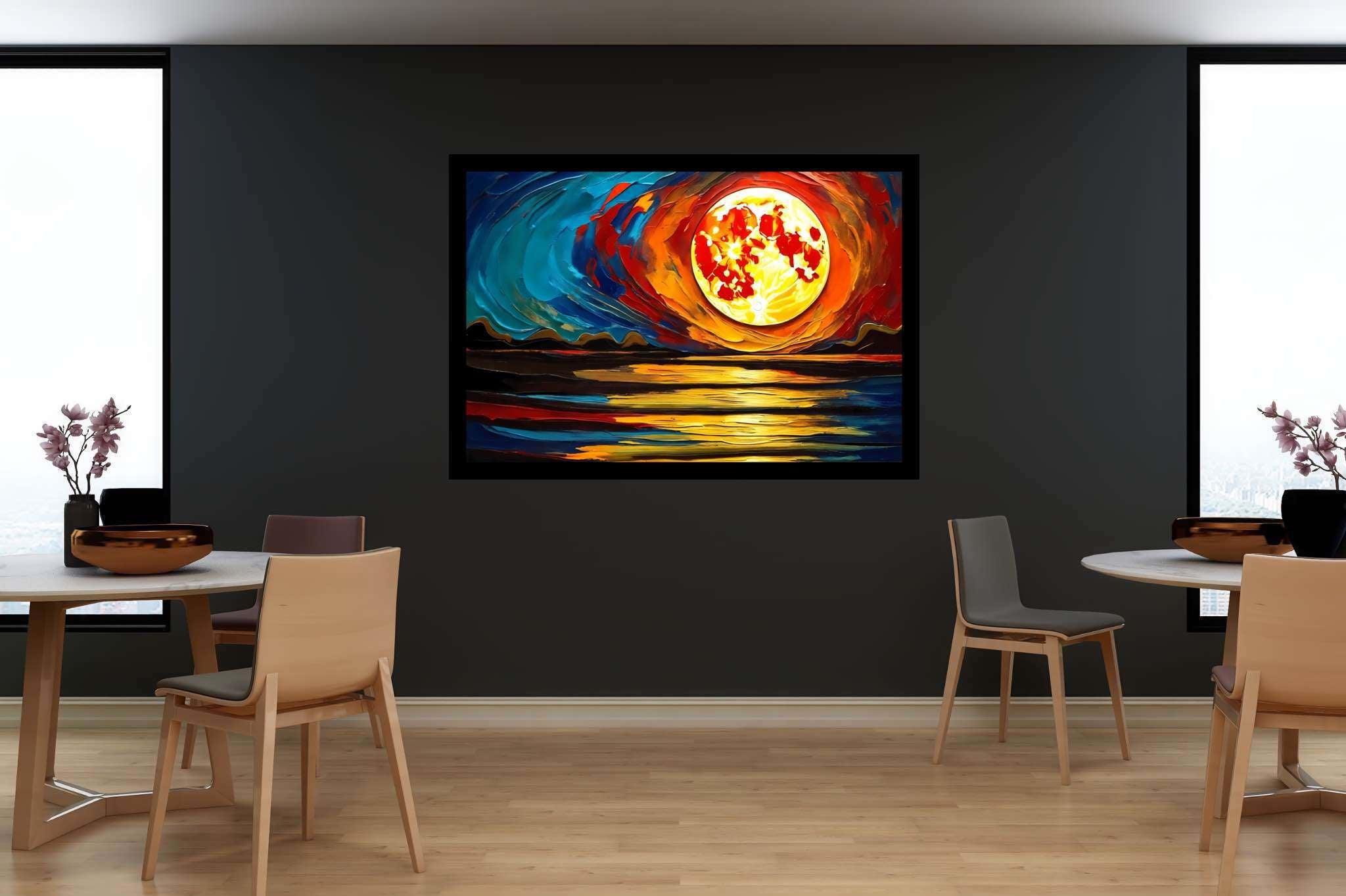 Aqua lullaby dusk: Serene sunset art with relaxing colors, in a room with elegant layout, abstract paintings, and designer furniture. The art can be printed on poster, framed poster, canvas, metal, acrylic or wood, exclusively at WallArtZen. Find this exact print at https://wallartzen.com/waz298