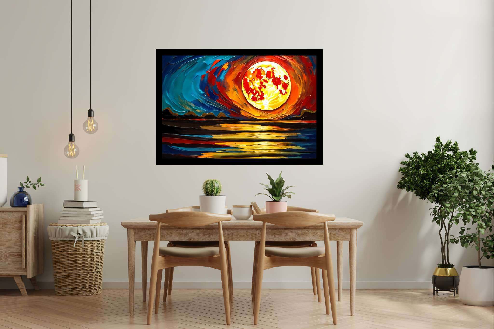 Aqua lullaby dusk: Serene sunset art with tranquil art, in a room with chic decor, fine art prints, and decorative pieces. The art can be printed on poster, framed poster, canvas, metal, acrylic or wood, exclusively at WallArtZen. Find this exact print at https://wallartzen.com/waz298