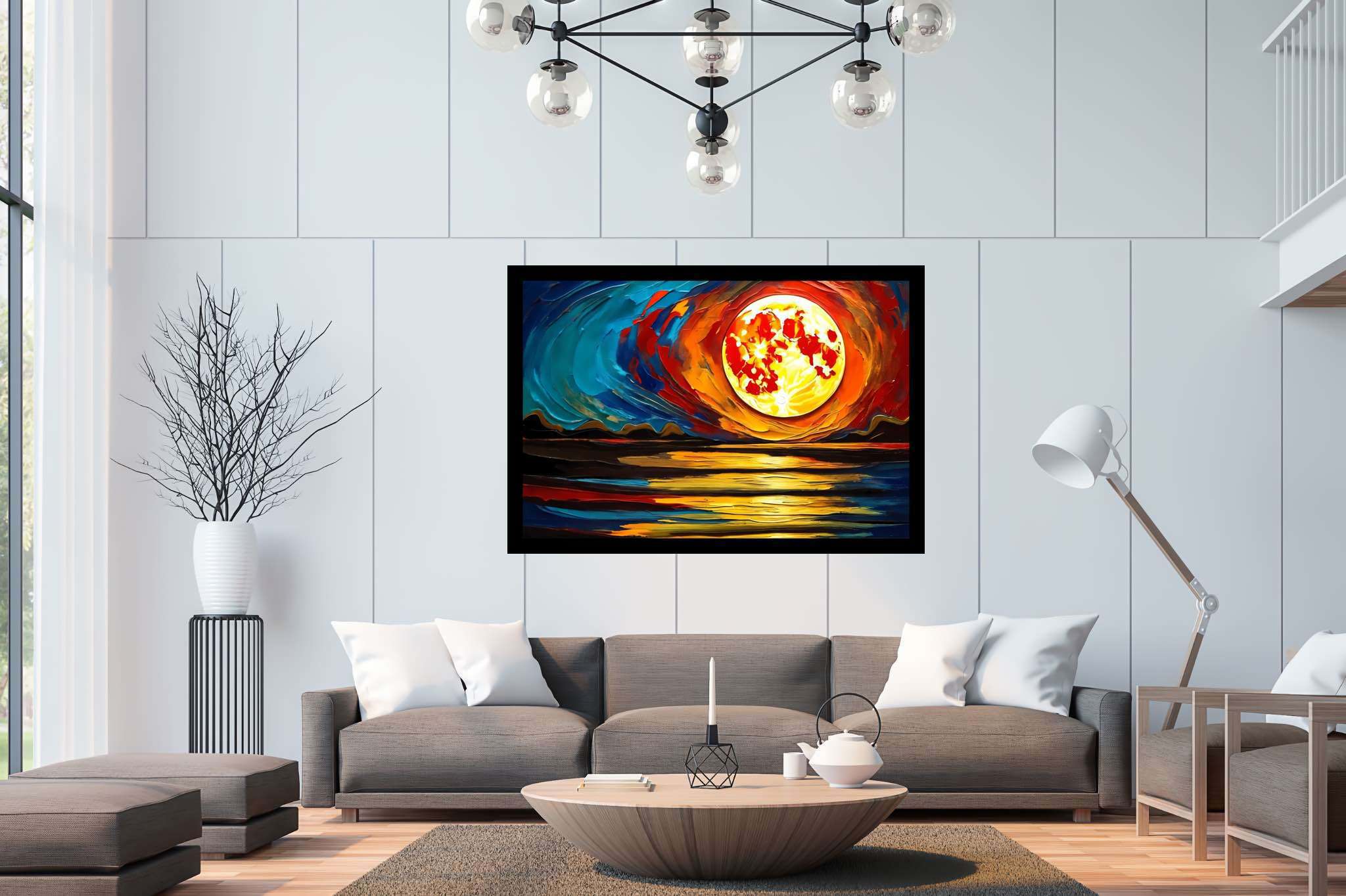 Aqua lullaby dusk: Serene sunset art with calming nature, in a room with classic elegance, photographic wall art, and artisan decor. The art can be printed on poster, framed poster, canvas, metal, acrylic or wood, exclusively at WallArtZen. Find this exact print at https://wallartzen.com/waz298