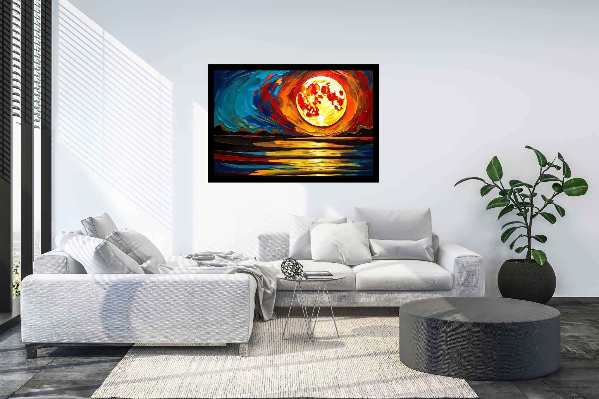 Aqua lullaby dusk: Serene sunset art with calming nature, in a room with great design, photographic wall art, and luxe decor. The art can be printed on poster, framed poster, canvas, metal, acrylic or wood, exclusively at WallArtZen. Find this exact print at https://wallartzen.com/waz298