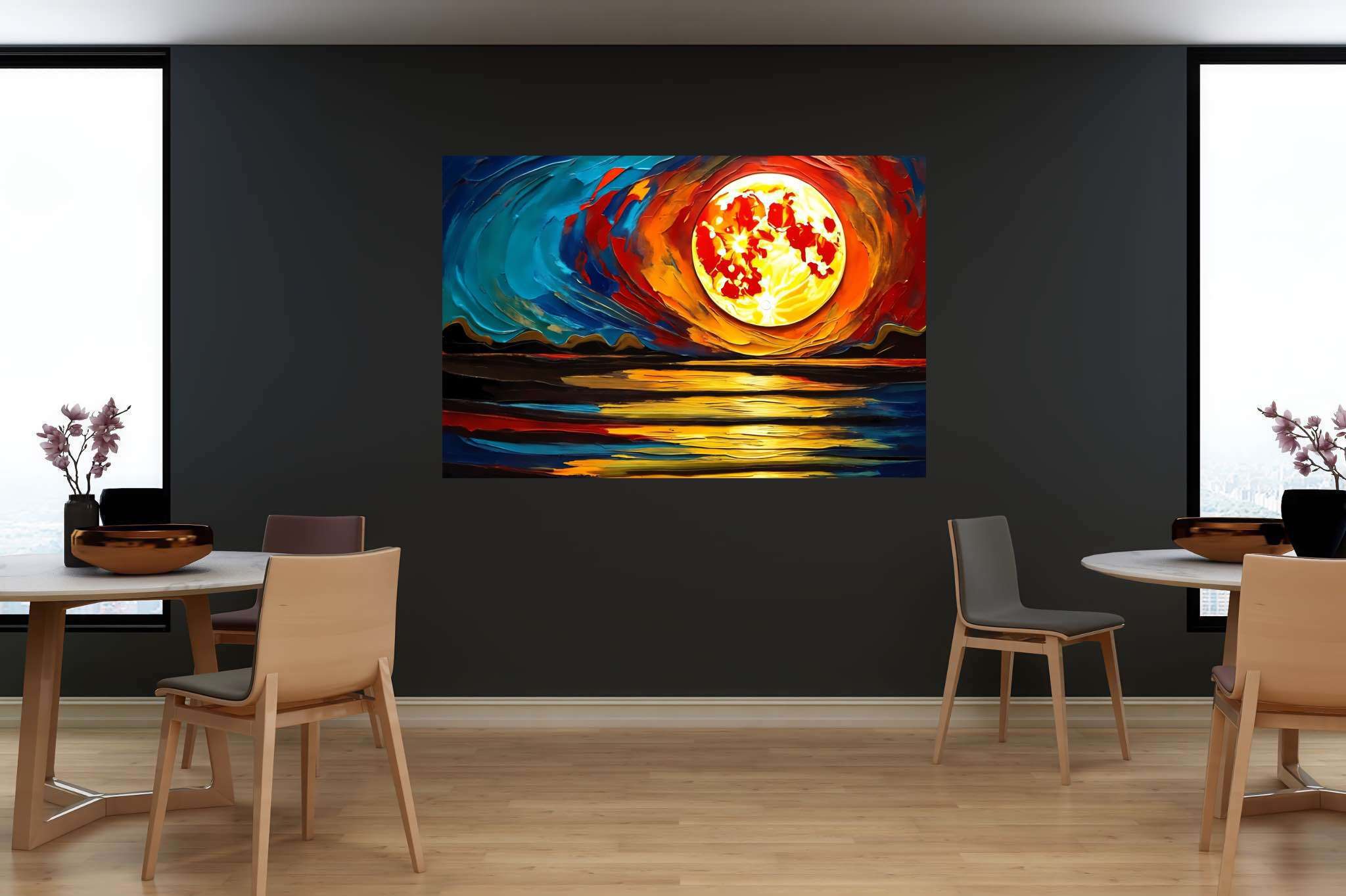 Aqua lullaby dusk: Serene sunset art with beautiful sunsets, in a room with urban design, wall hangings, and decorative pieces. The art can be printed on poster, framed poster, canvas, metal, acrylic or wood, exclusively at WallArtZen. Find this exact print at https://wallartzen.com/waz298