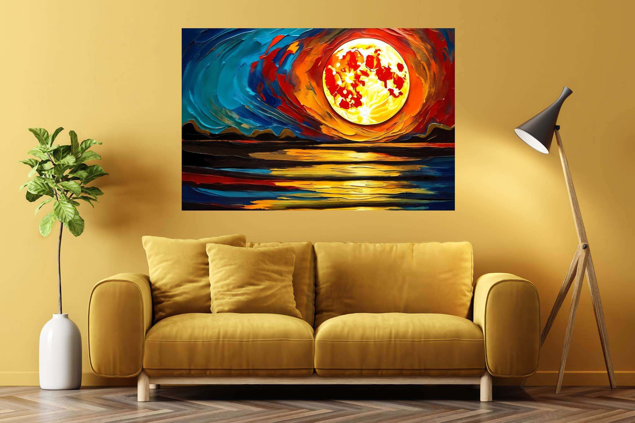 Aqua lullaby dusk: Serene sunset art with serenity through art, in a room with contemporary flair, wall art, and designer furniture. The art can be printed on poster, framed poster, canvas, metal, acrylic or wood, exclusively at WallArtZen. Find this exact print at https://wallartzen.com/waz298