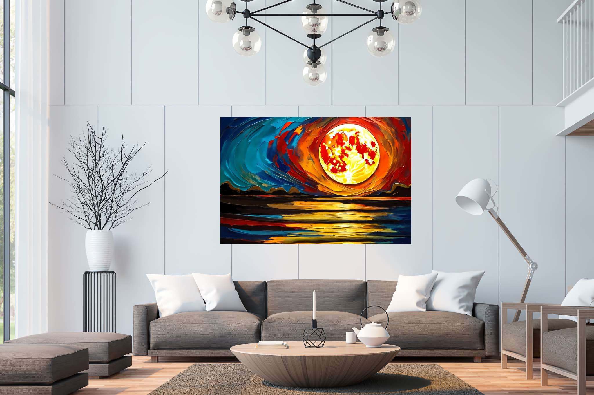 Aqua lullaby dusk: Serene sunset art with soothing paintings, in a room with innovative layout, bespoke art designs, and designer furniture. The art can be printed on poster, framed poster, canvas, metal, acrylic or wood, exclusively at WallArtZen. Find this exact print at https://wallartzen.com/waz298