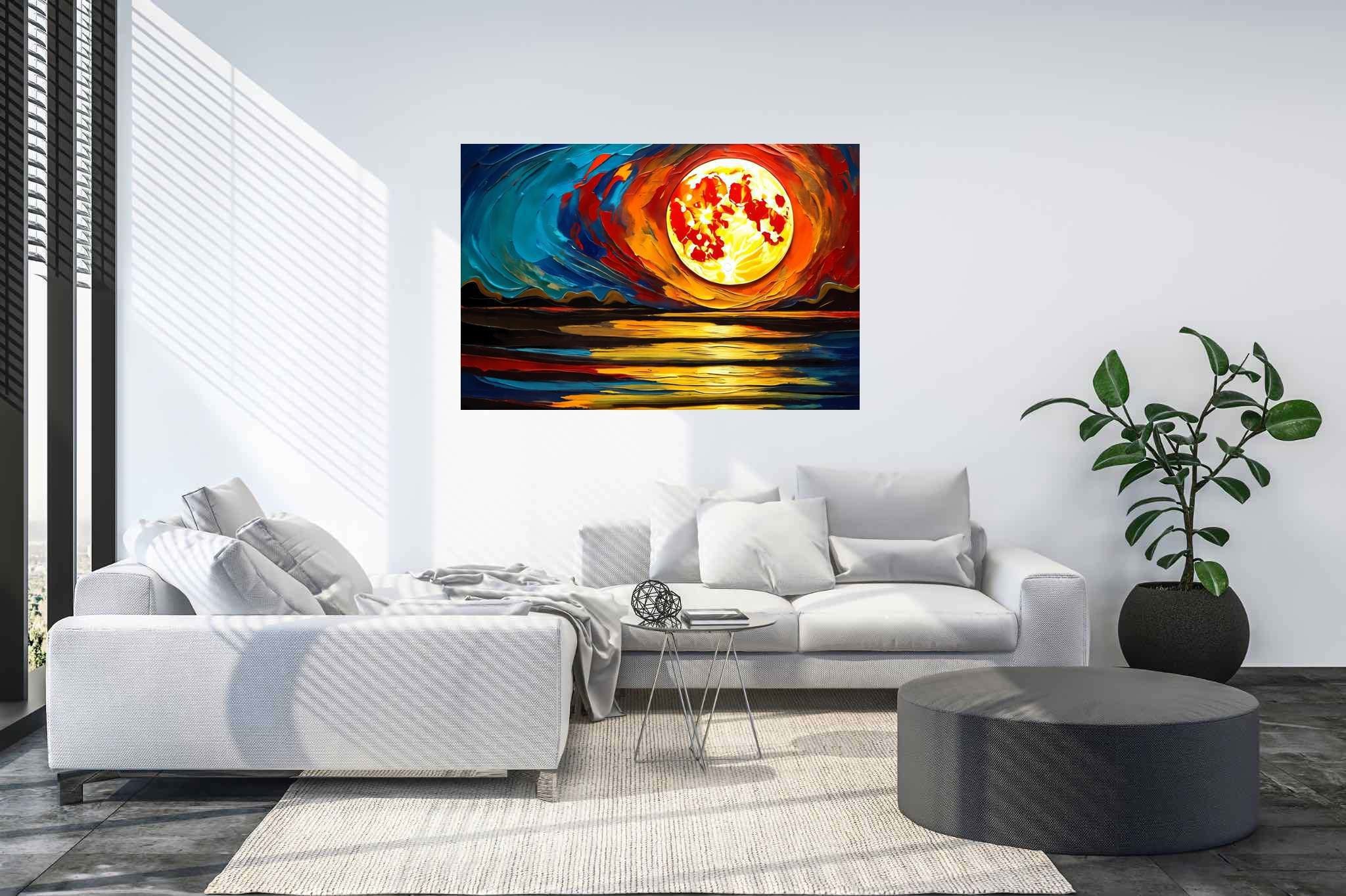 Aqua lullaby dusk: Serene sunset art with peaceful atmosphere, in a room with classic elegance, framed art, and stylish accessories. The art can be printed on poster, framed poster, canvas, metal, acrylic or wood, exclusively at WallArtZen. Find this exact print at https://wallartzen.com/waz298