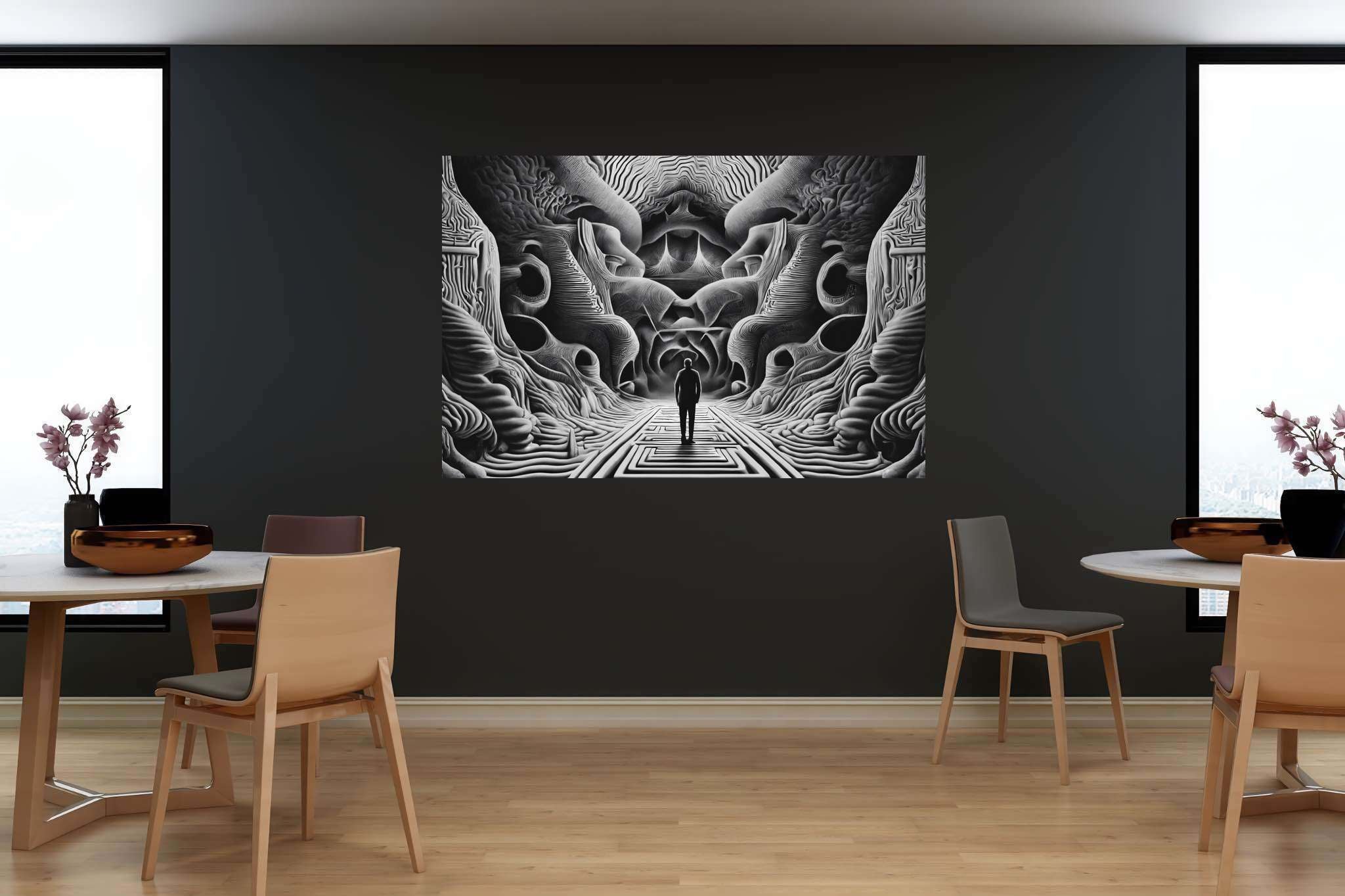 Labyrinth of silent echoes: Abstract surreal art with symbolic, in a room with classic elegance, bespoke art designs, and home furnishings. The art can be printed on poster, framed poster, canvas, metal, acrylic or wood, exclusively at WallArtZen. Find this exact print at https://wallartzen.com/waz299