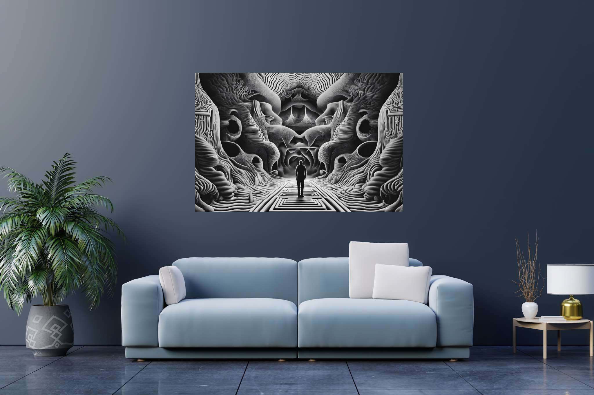 Labyrinth of silent echoes: Abstract surreal art with evocative, in a room with classic elegance, mural artworks, and artisan decor. The art can be printed on poster, framed poster, canvas, metal, acrylic or wood, exclusively at WallArtZen. Find this exact print at https://wallartzen.com/waz299