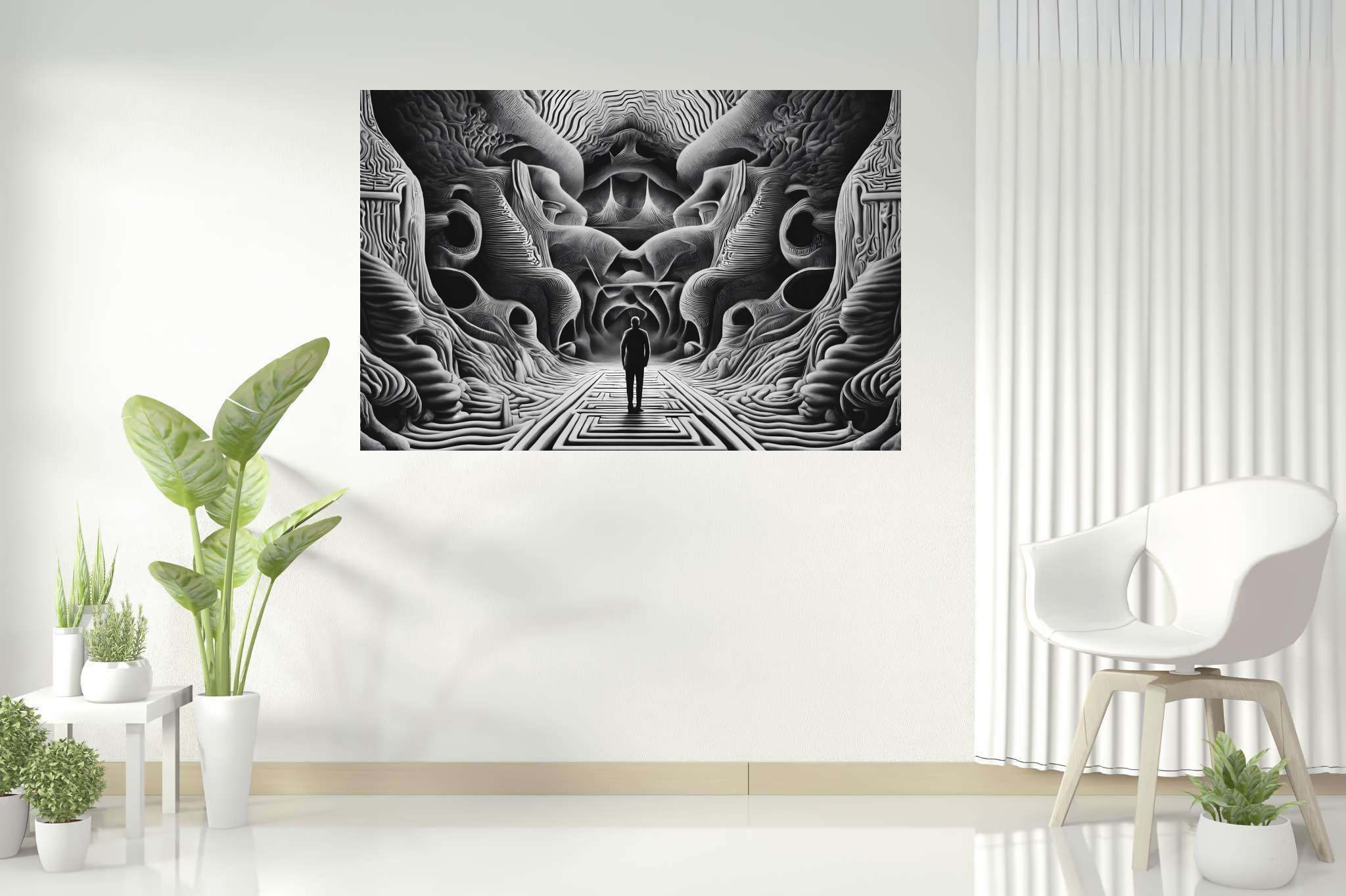 Labyrinth of silent echoes: Abstract surreal art with unconventional, in a room with minimalist approach, wall art, and interior decorations. The art can be printed on poster, framed poster, canvas, metal, acrylic or wood, exclusively at WallArtZen. Find this exact print at https://wallartzen.com/waz299