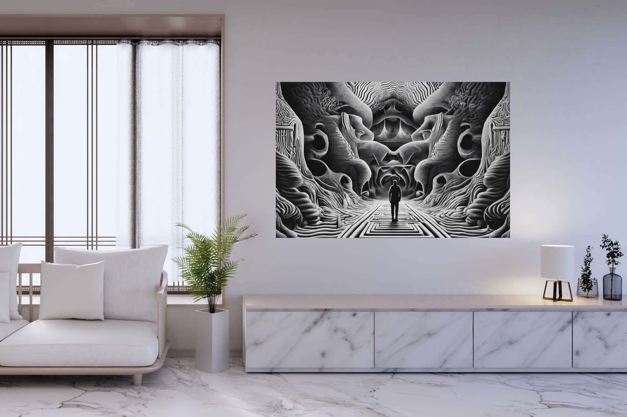 Labyrinth of silent echoes: Abstract surreal art with enigmatic, in a room with elegant layout, wall art, and luxe decor. The art can be printed on poster, framed poster, canvas, metal, acrylic or wood, exclusively at WallArtZen. Find this exact print at https://wallartzen.com/waz299