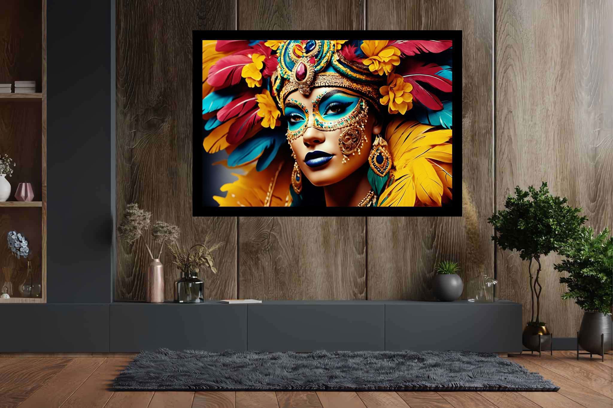 Mardi gras reverie: Colorful mask art with colorful mask art, in a room with urban design, digital art pieces, and stylish accessories. The art can be printed on poster, framed poster, canvas, metal, acrylic or wood, exclusively at WallArtZen. Find this exact print at https://wallartzen.com/waz29
