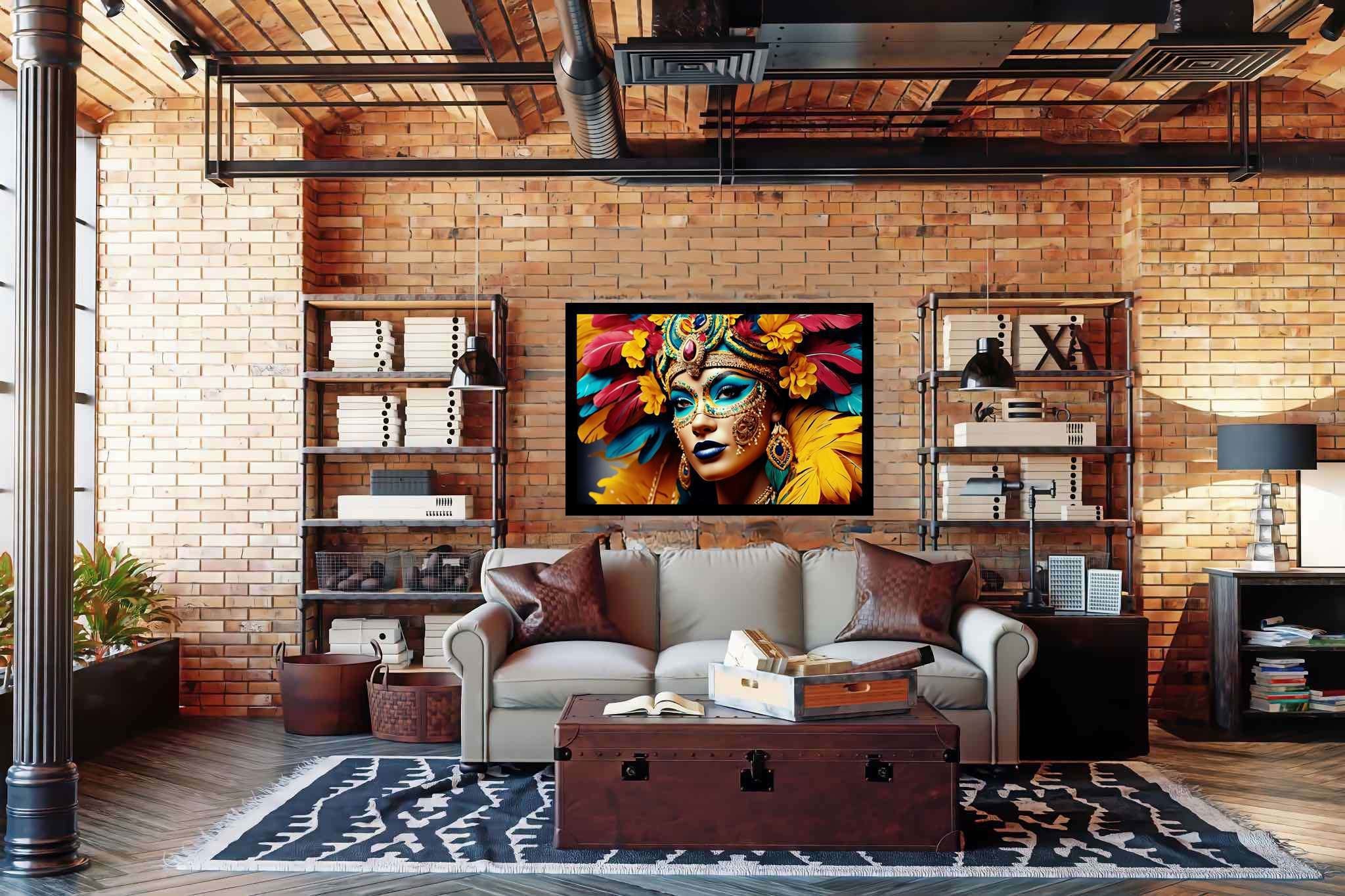 Mardi gras reverie: Colorful mask art with colorful mask gallery, in a room with modern style, gallery-quality artwork, and trendy home accents. The art can be printed on poster, framed poster, canvas, metal, acrylic or wood, exclusively at WallArtZen. Find this exact print at https://wallartzen.com/waz29