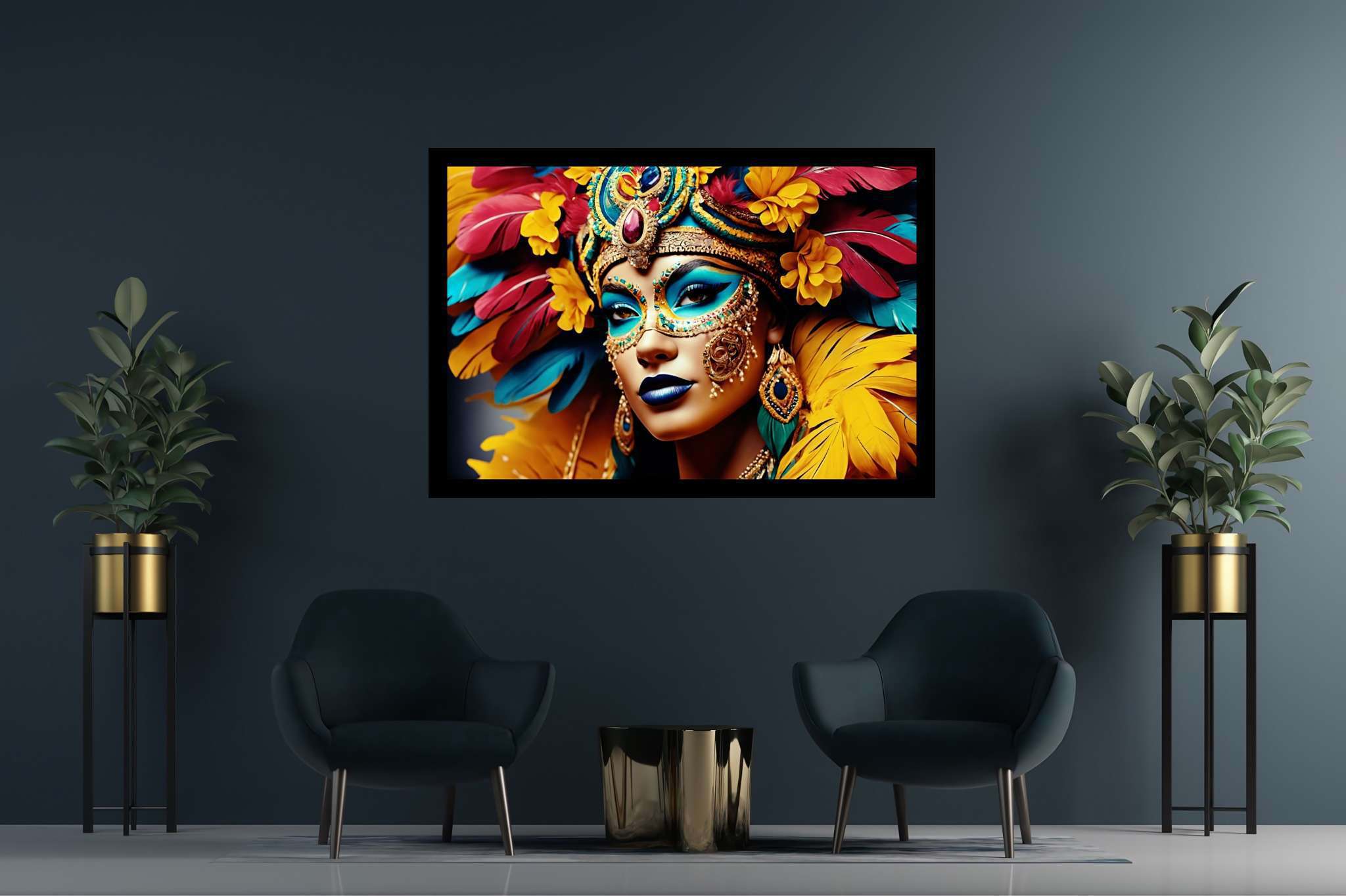 Mardi gras reverie: Colorful mask art with vibrant mask patterns, in a room with innovative layout, wall art, and designer furniture. The art can be printed on poster, framed poster, canvas, metal, acrylic or wood, exclusively at WallArtZen. Find this exact print at https://wallartzen.com/waz29