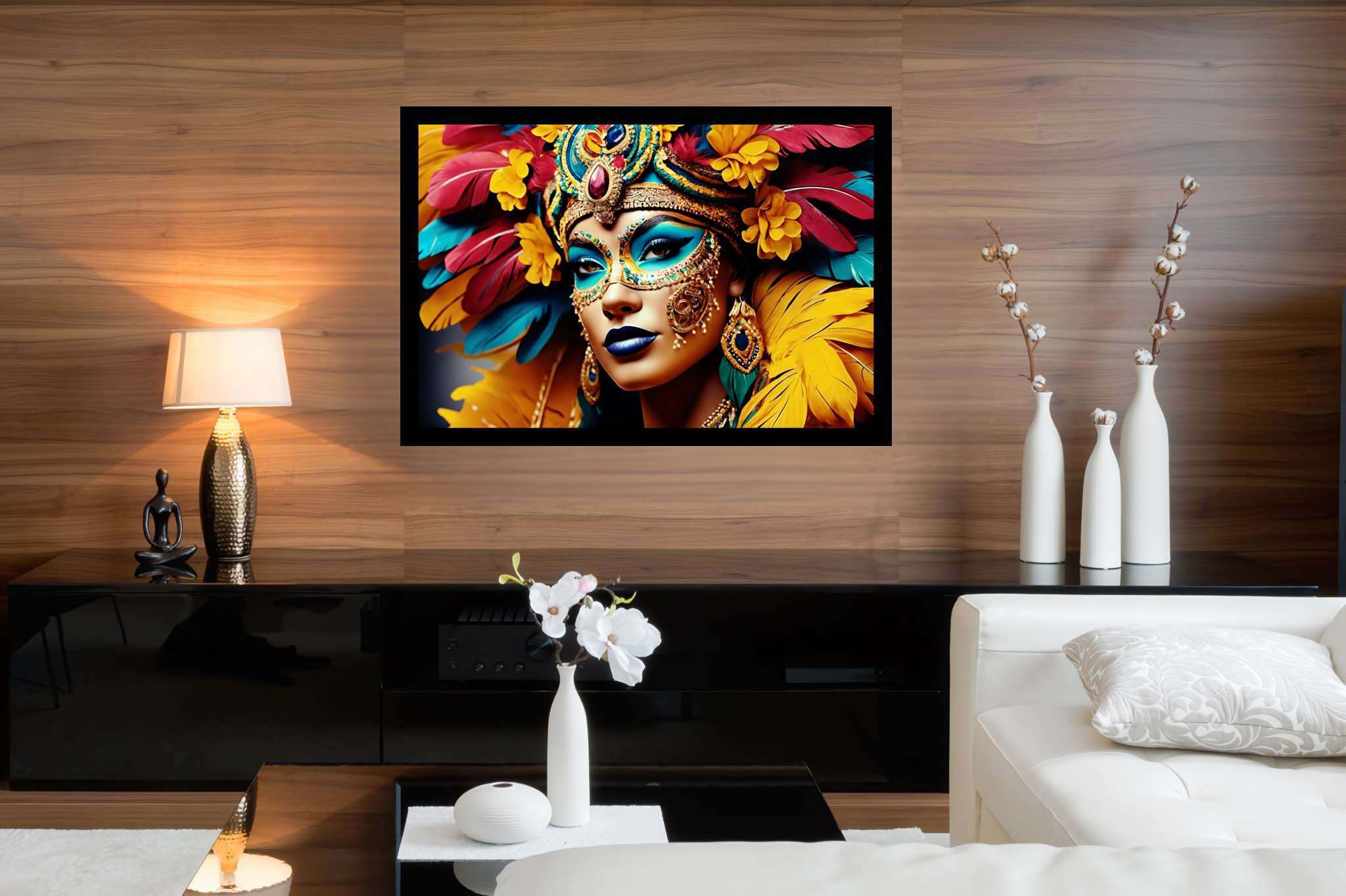 Mardi gras reverie: Colorful mask art with expressive mask artwork, in a room with artistic style, framed art, and home styling items. The art can be printed on poster, framed poster, canvas, metal, acrylic or wood, exclusively at WallArtZen. Find this exact print at https://wallartzen.com/waz29