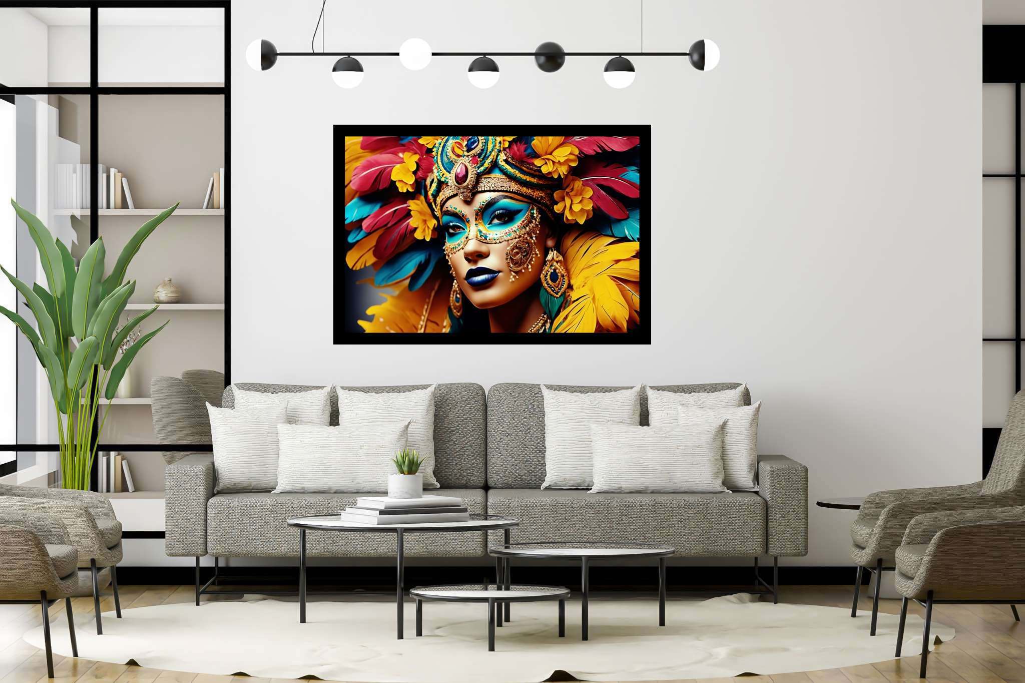 Mardi gras reverie: Colorful mask art with colorful mask inspirations, in a room with artistic style, digital art pieces, and trendy home accents. The art can be printed on poster, framed poster, canvas, metal, acrylic or wood, exclusively at WallArtZen. Find this exact print at https://wallartzen.com/waz29