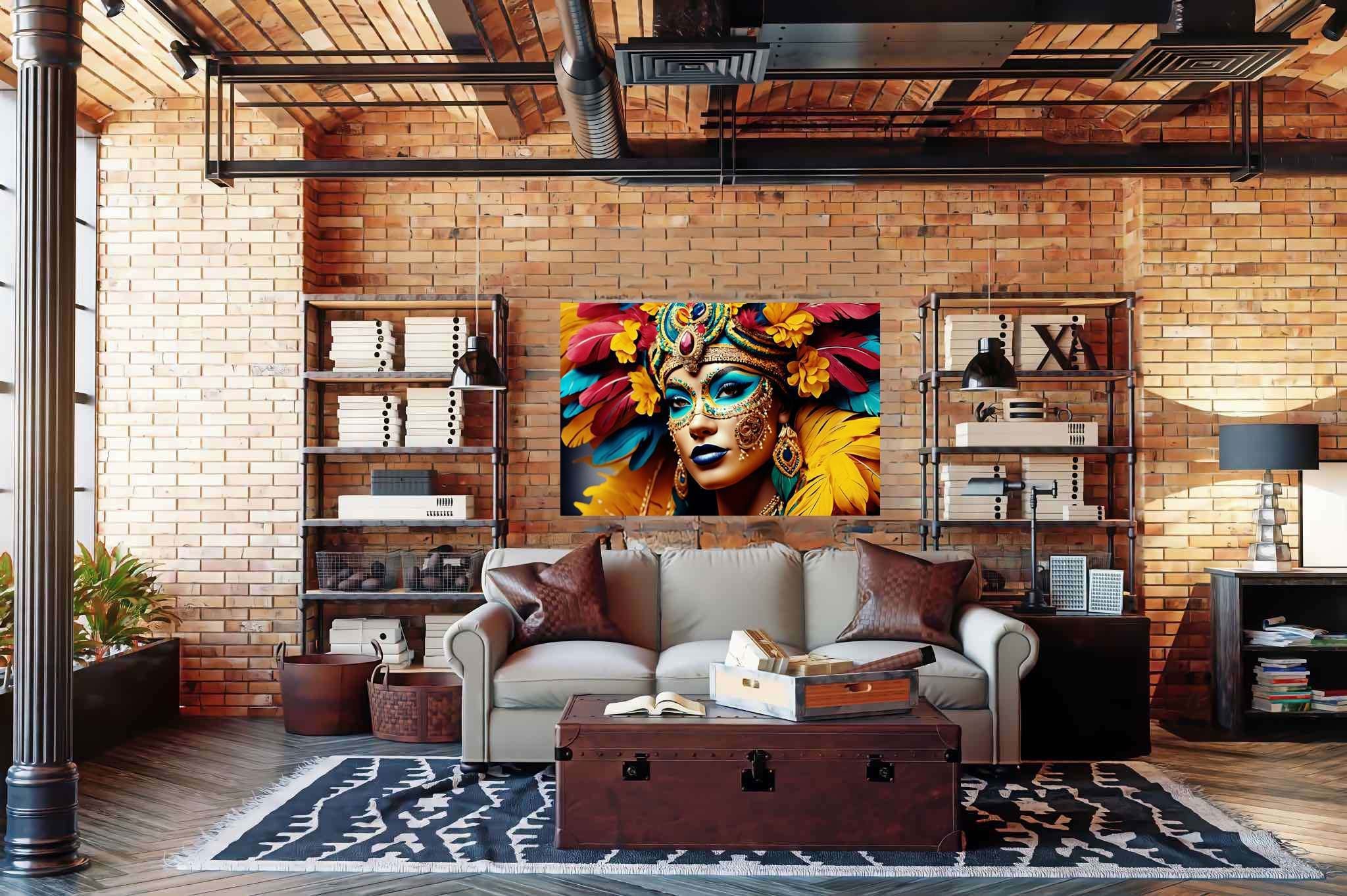 Mardi gras reverie: Colorful mask art with colorful mask illustrations, in a room with elegant layout, mural artworks, and luxe decor. The art can be printed on poster, framed poster, canvas, metal, acrylic or wood, exclusively at WallArtZen. Find this exact print at https://wallartzen.com/waz29