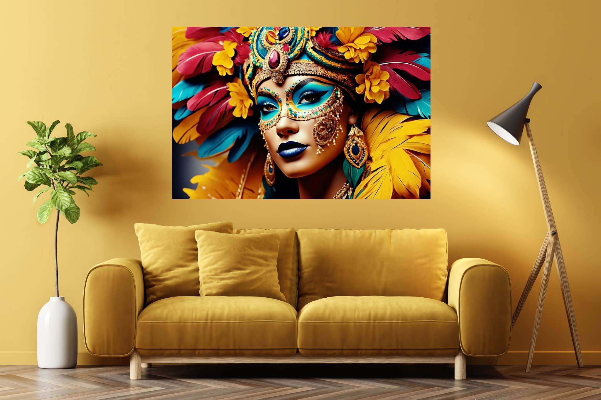 Mardi gras reverie: Colorful mask art with colorful mask illustrations, in a room with great design, framed art, and artisan decor. The art can be printed on poster, framed poster, canvas, metal, acrylic or wood, exclusively at WallArtZen. Find this exact print at https://wallartzen.com/waz29