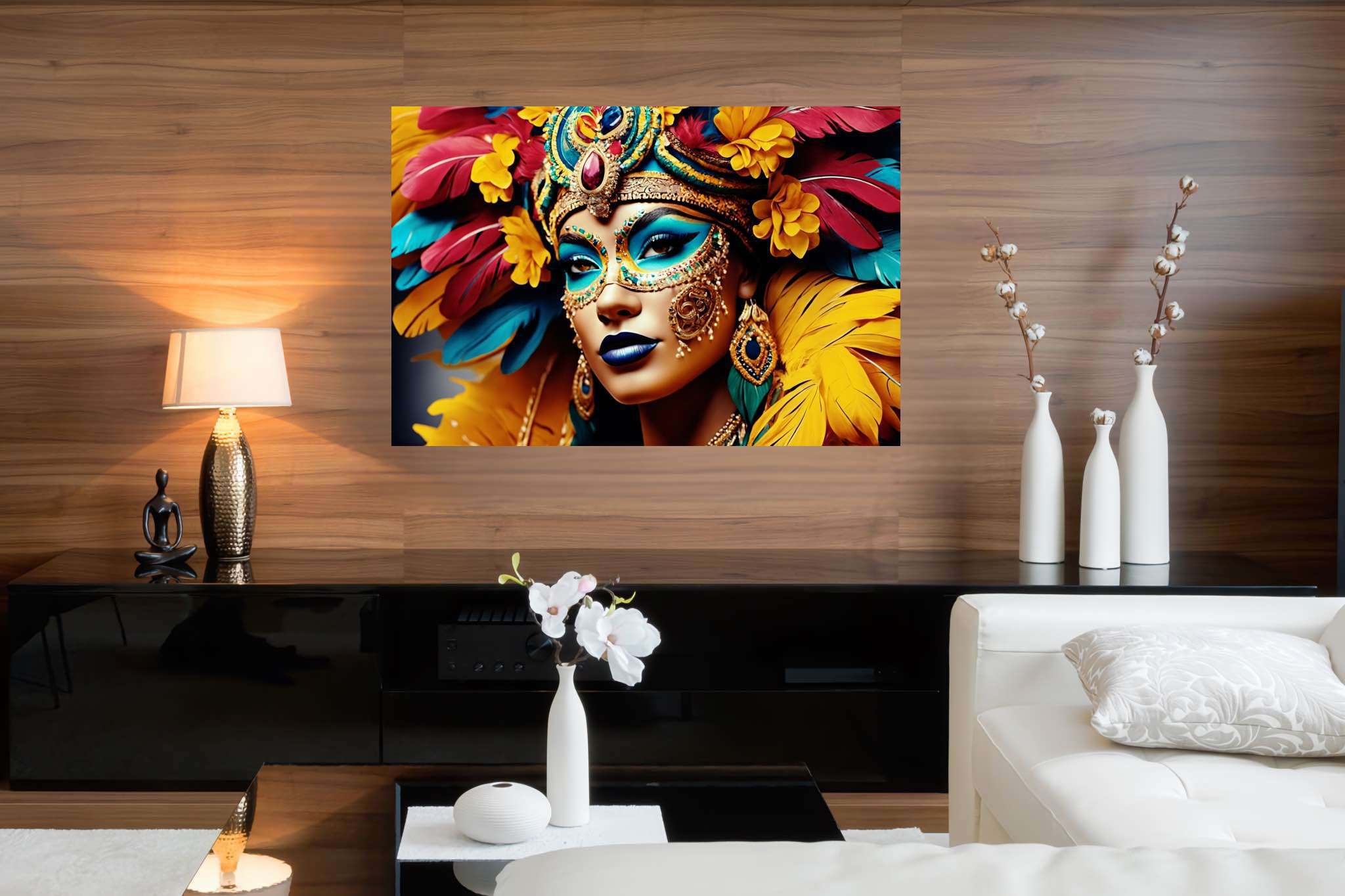 Mardi gras reverie: Colorful mask art with colorful mask inspirations, in a room with chic decor, photographic wall art, and elegant home goods. The art can be printed on poster, framed poster, canvas, metal, acrylic or wood, exclusively at WallArtZen. Find this exact print at https://wallartzen.com/waz29
