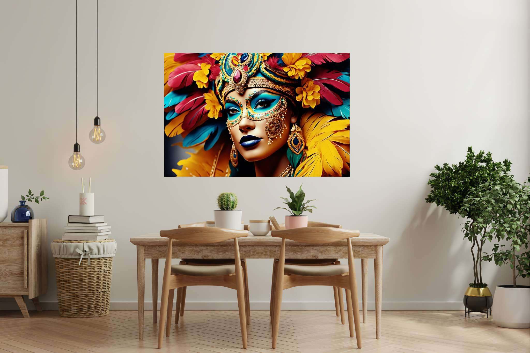 Mardi gras reverie: Colorful mask art with vibrant mask sculptures, in a room with chic decor, wall hangings, and home styling items. The art can be printed on poster, framed poster, canvas, metal, acrylic or wood, exclusively at WallArtZen. Find this exact print at https://wallartzen.com/waz29