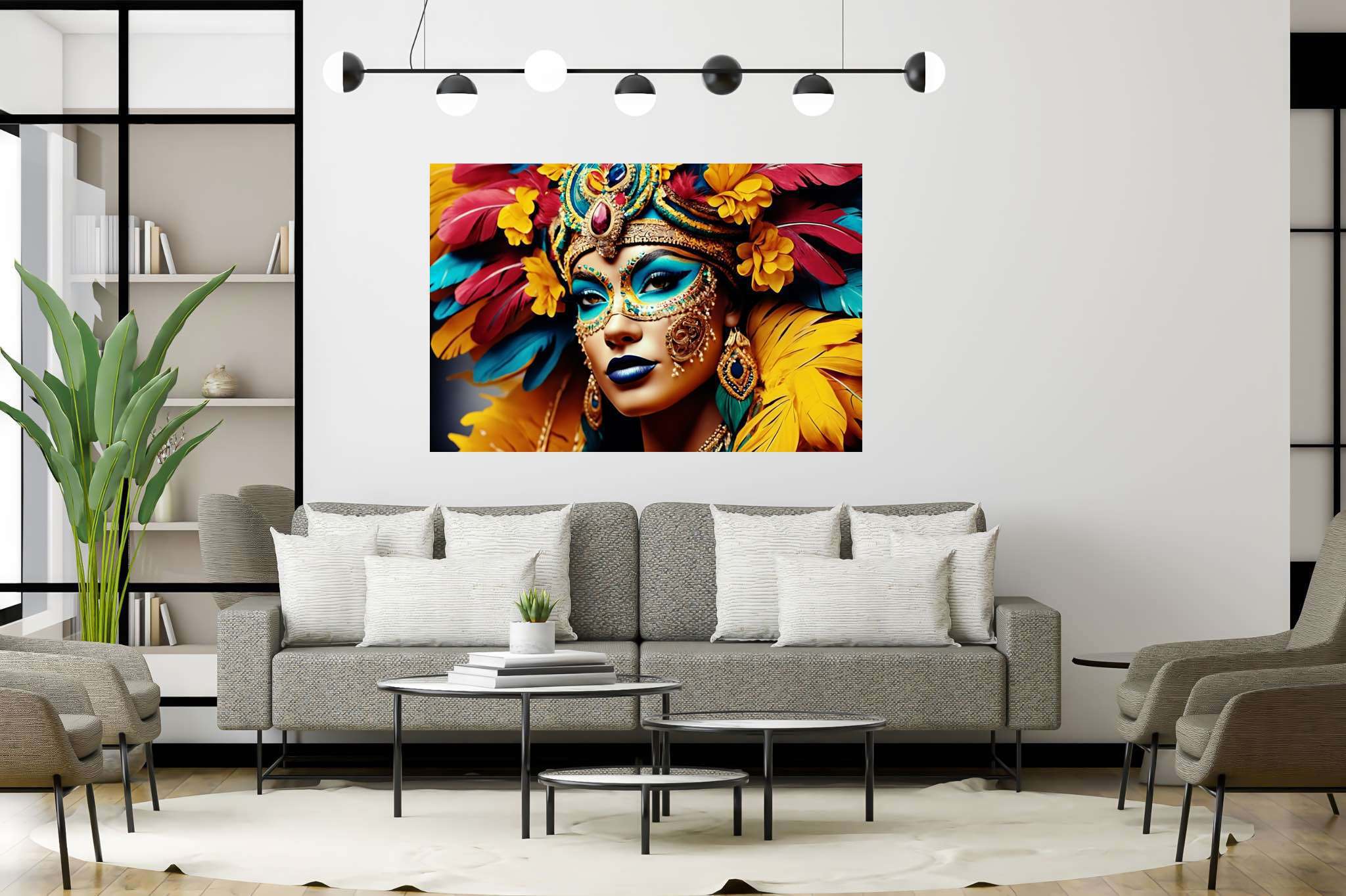 Mardi gras reverie: Colorful mask art with abstract mask paintings, in a room with contemporary flair, bespoke art designs, and stylish accessories. The art can be printed on poster, framed poster, canvas, metal, acrylic or wood, exclusively at WallArtZen. Find this exact print at https://wallartzen.com/waz29