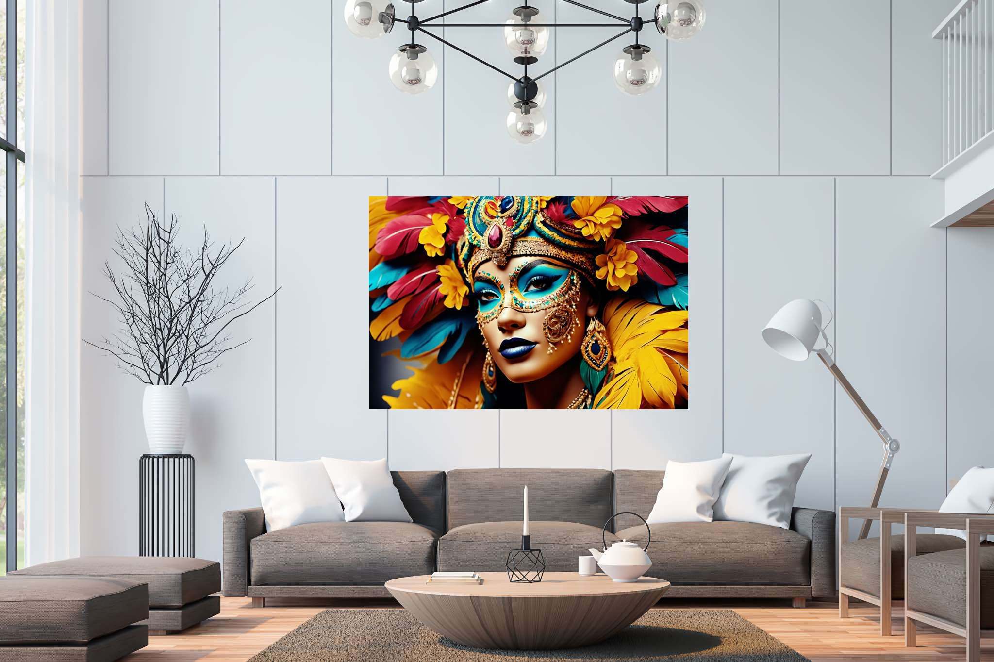 Mardi gras reverie: Colorful mask art with vibrant mask sculptures, in a room with contemporary flair, photographic wall art, and trendy home accents. The art can be printed on poster, framed poster, canvas, metal, acrylic or wood, exclusively at WallArtZen. Find this exact print at https://wallartzen.com/waz29